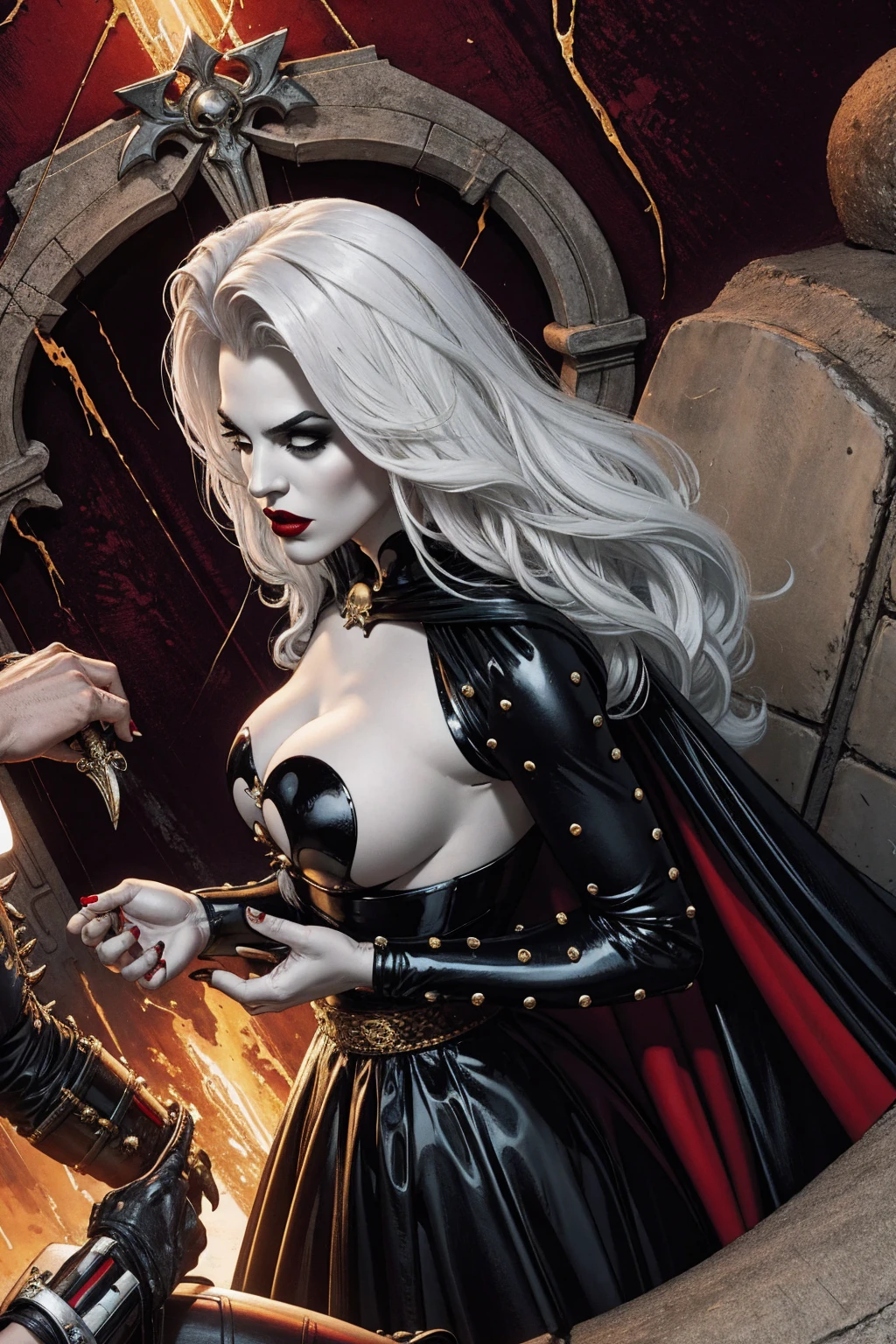 Uma mulher solo girl, Queen of Death, pale skinned, cabelos brancos, olhos vermelhos, red-lips, goth makeup, expression would be sensual, corpo sensual sexy, cintura fina, coxas grossas, usando um vestido antigo preto, ela usando um colar de caveira de prata, in the background a cemetery and she is holding a soul with her hand, detailed graphic bright and vibrant colors