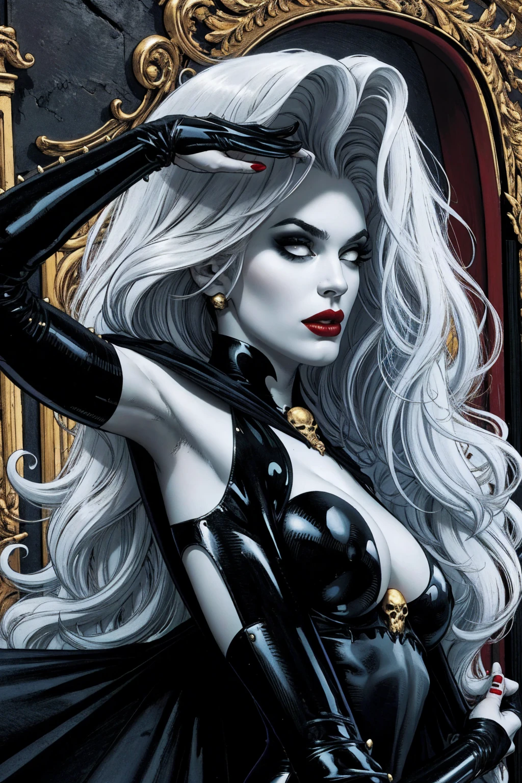 Uma mulher solo girl, Queen of Death, pale skinned, cabelos brancos, olhos vermelhos, red-lips, goth makeup, expression would be sensual, corpo sensual sexy, cintura fina, coxas grossas, usando um vestido antigo preto, ela usando um colar de caveira de prata, in the background a cemetery and she is holding a soul with her hand, detailed graphic bright and vibrant colors