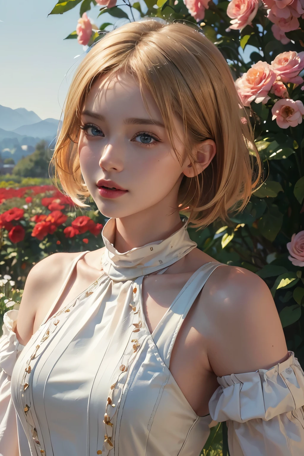 (best quality,4k,8k,highres,masterpiece:1.2),ultra-detailed,(realistic,photorealistic,photo-realistic:1.37),a girl with short blonde hair, red clothing, oil painting, detailed facial features, vibrant colors, soft lighting, garden scenery, blooming flowers, flowing dress