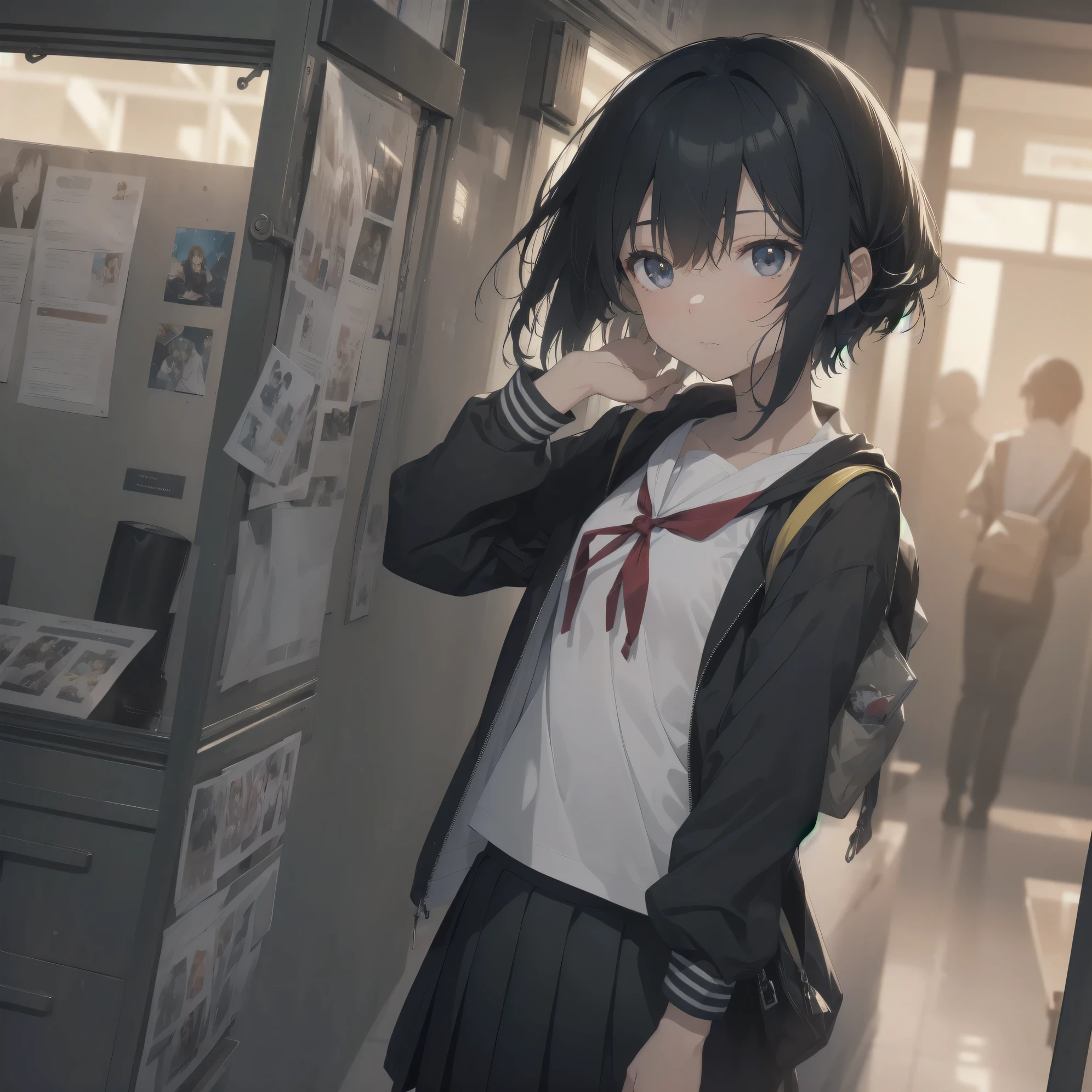 ultra-absurdres-Top quality by art God, ultra-detailed, high resolution, anime moe artstyle, best anime 8k konachan wallpaper, pixiv contest winner, perfect anatomy,break, 1girl, (Please draw a girl walking sleepily to school alone. )break,(Solo,little female, 13-year-old:1.3),Full limbs, complete fingers,a junior high school student, Attractiveness of immature bodies, (very short hair), short cut, flat chest, , small butt, groin, small black eyes, beautiful detailed eyes, well-proportioned iris and pupils, expressive eyes, highres detailed hair, soft expression, school_uniform, pleated skirt,(Detailed Lighting), (Detailed background), in the School commute route. break,super detailed skin, Best cinematic lighting powered by famous artist, 8k,beauty illustration,photoshop_(medium),very aesthetic,UHD,textured skin,break,((artist:core)), artist:fukahire_(ruinon),artist:shinkai makoto,artist:sekiya asami,artist:kantoku,