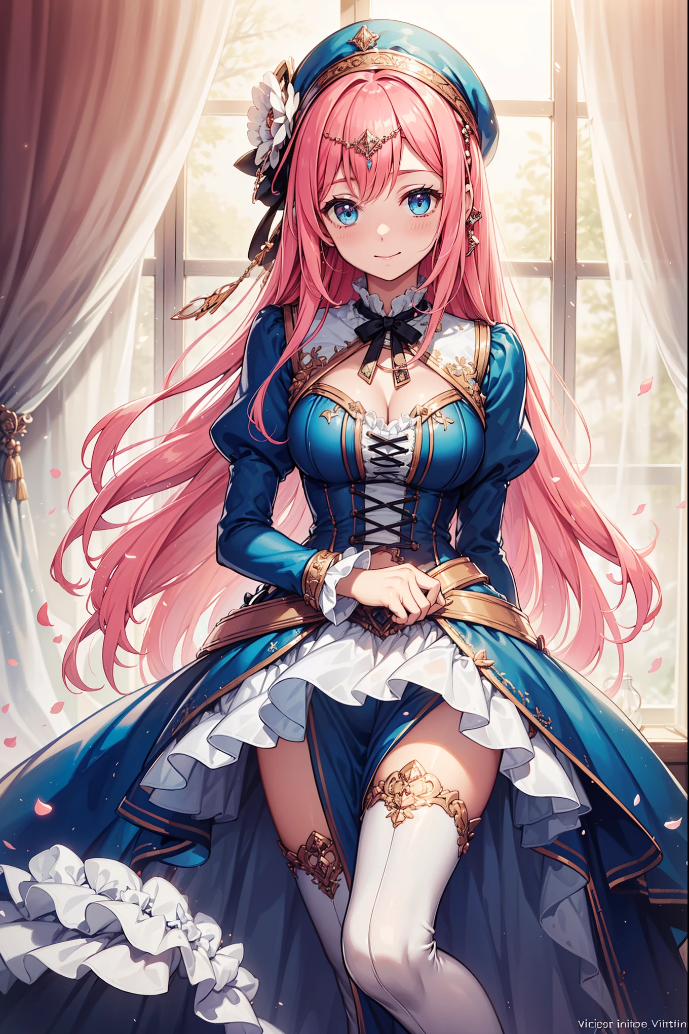 (best quality, High resolution, textured skin, high quality, high detail,Extremely detailed CG Unity),teenage girl，obsessed，divine happiness，in love，(light victorian dress:1.2)，pink hair，blue eyes，(Fabric headwear minimalism，Multi-layered delicate ruffles，lots of lace，multicolor cloth，fine embroidery，Exquisite patterns，Fabric headwear，Beautifully dressed，see through transparent clothes，bedroom，night，shining，(dazzle:1.2)，movie lighting，night，the only person，fluttering skirt，