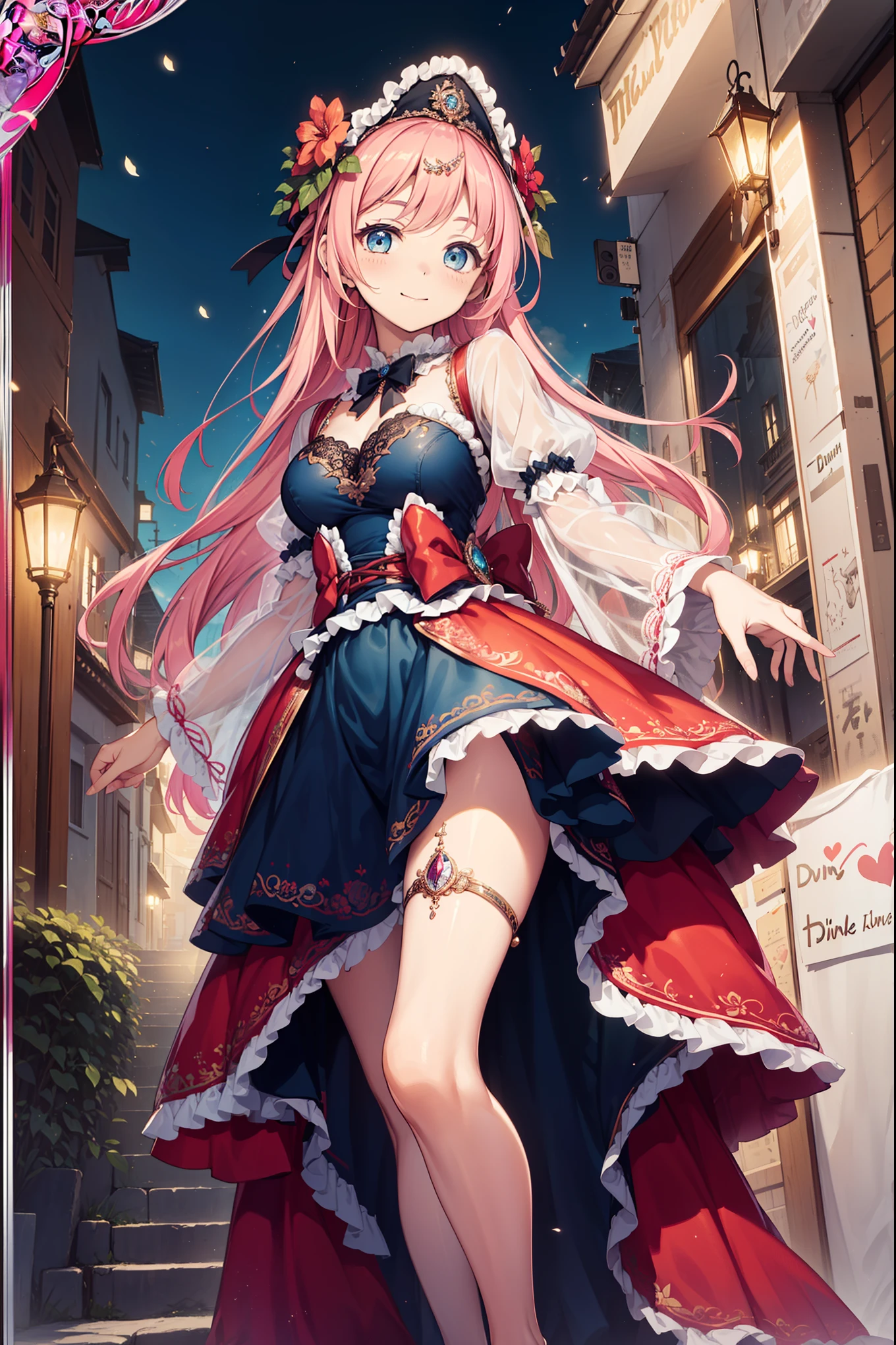 (best quality, High resolution, textured skin, high quality, high detail,Extremely detailed CG Unity),teenage girl，obsessed，divine happiness，in love，(light victorian dress:1.2)，pink hair，blue eyes，(Fabric headwear minimalism，Multi-layered delicate ruffles，lots of lace，multicolor cloth，fine embroidery，Exquisite patterns，Fabric headwear，Beautifully dressed，see through transparent clothes，bedroom，night，shining，(dazzle:1.2)，movie lighting，night，the only person，fluttering skirt，