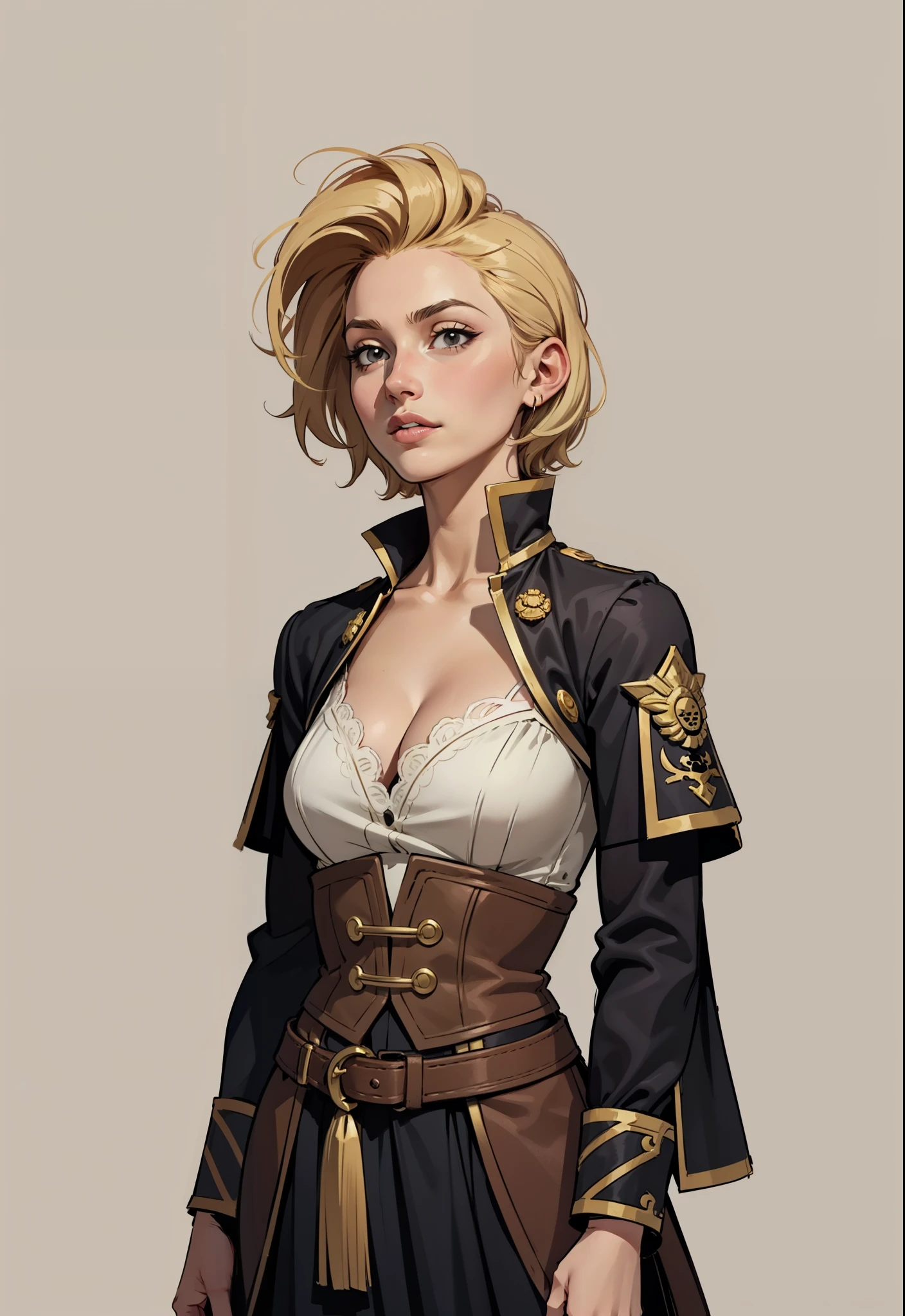 uma  pirates wearring realistic pirates cloths,30 years old, latina face looking up, ((short hair)) , brown skin, mature, short blonde hair, Stand up, maquiagem, Lips are soft or colored, skinny, slender, cleavage simple light, uncontrasted, simple flat wallpaper background, silhuetas simples, lineart,