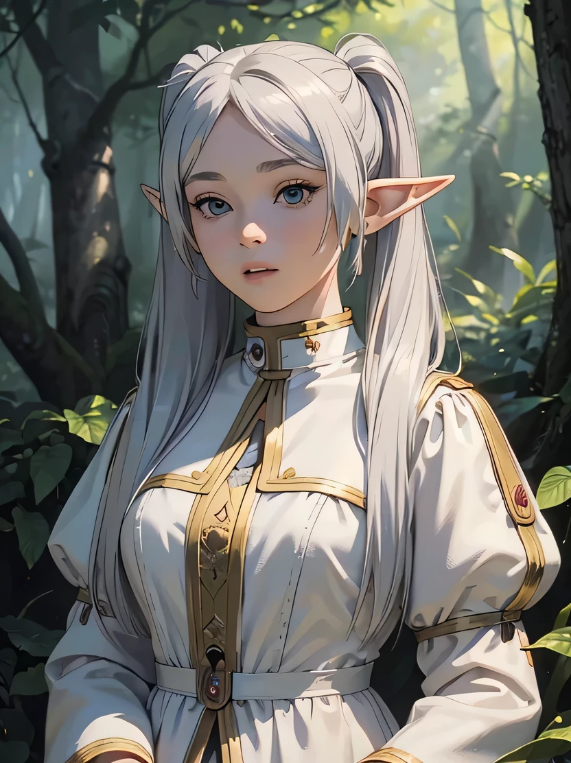 ((masterpiece、highest quality、Super detailed、High resolution、realistic、sharp focus))、face light、bust shot、((very delicate and beautiful))、female elf、Freelen、long silver hair、twin tails、round face、white clothes、in the forest、fantasy characters、Detailed hand depiction、view audience、Frieren