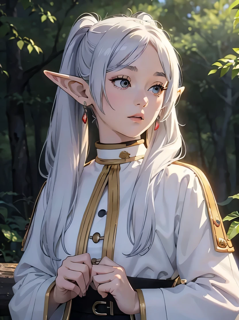 ((masterpiece、highest quality、Super detailed、High resolution、realistic、sharp focus))、face light、bust shot、((very delicate and beautiful))、female elf、Freelen、long silver hair、twin tails、round face、white clothes、in the forest、fantasy characters、Detailed hand depiction、view audience、Frieren