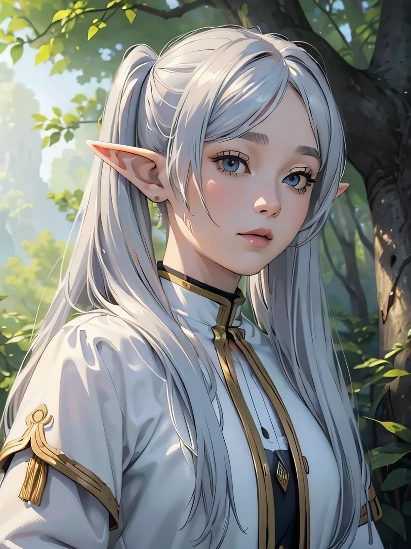 ((masterpiece、highest quality、Super detailed、High resolution、realistic、sharp focus))、face light、bust shot、high color saturation、((very delicate and beautiful))、female elf、Freelen、long silver hair、twin tails、round face、white clothes、in the forest、fantasy characters、Detailed hand depiction、view audience、Frieren