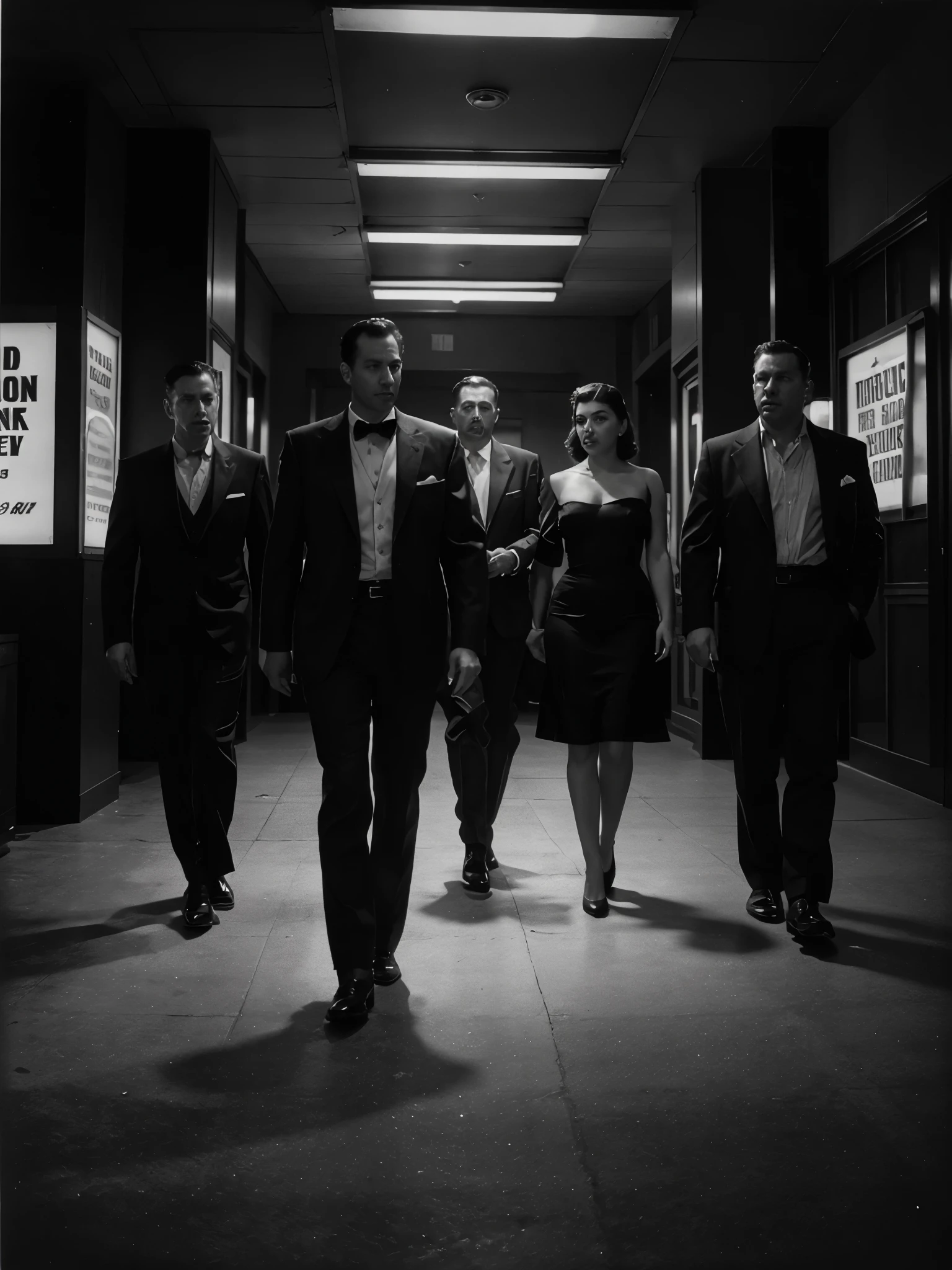 arafed black and white photo of a group of people in formal attire, old hollywood, publicity photo, vintage noir, vintage movie, movie promotional image, old hollywood themed, old movie, jury, 1 9 4 0 s film noir, film noirs, glamorous composition, advertising photo, old movie scene, 1950s film noir, classic film noir scene