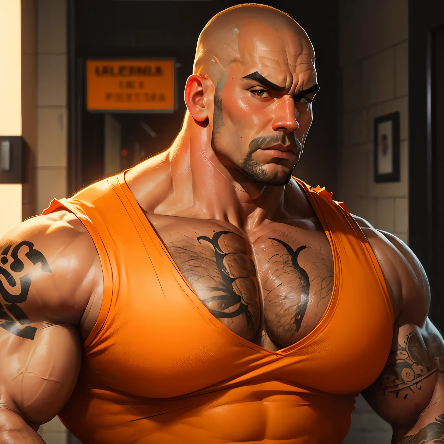 an exaggeratedly muscular and large bald bodyguard, beefy build, mixed race, arm tattoo, (wearing full pale orange prison jumpsuit: 1.2), (bara pecs: 1.3), (arm and chest hair: 1.1), close-up portrait HD, grungy prison hallways