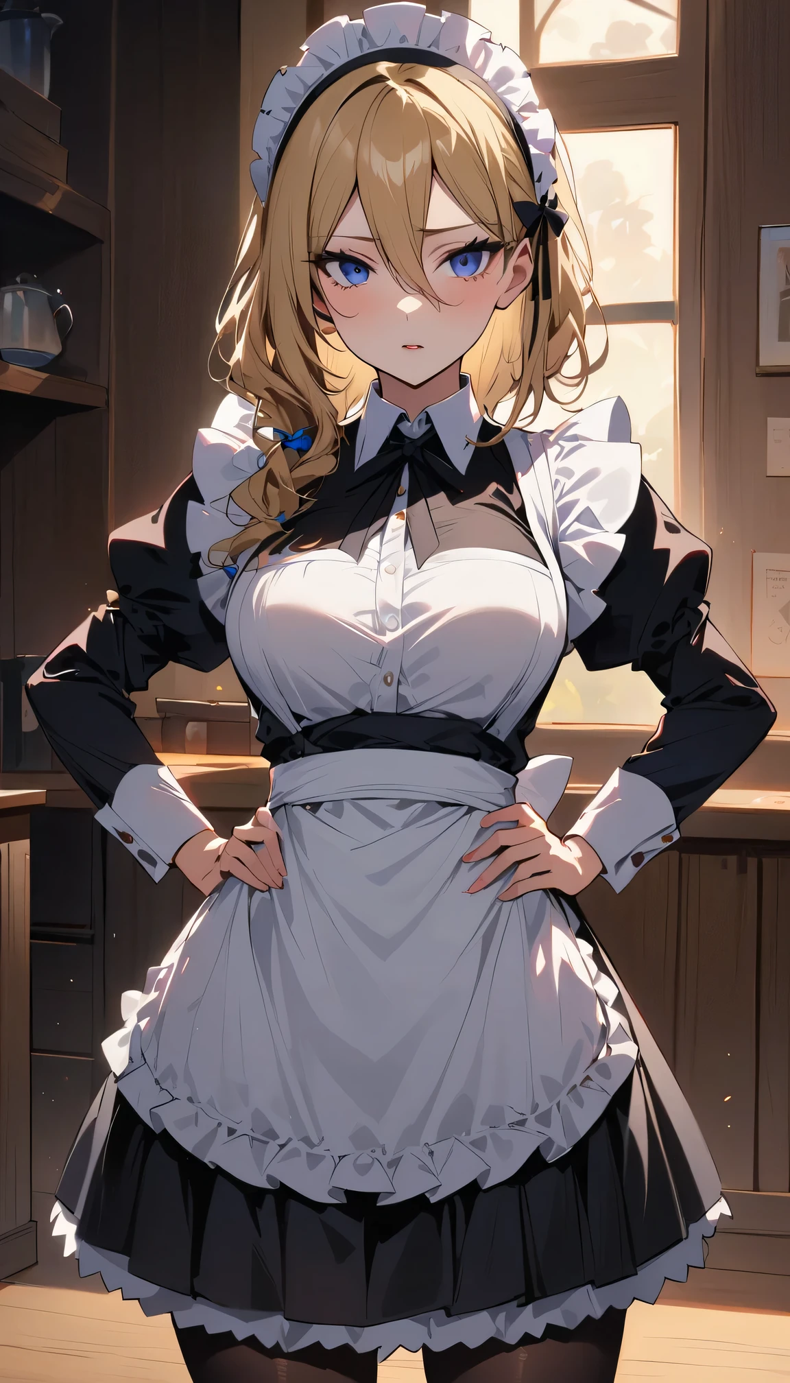 best quality, high resolution, 1 girl, Hayasaka Ai, alone, blonde hair, maid, blue eyes, Side Mao Insult, hair tie, hair accessories, 藍色hair tie, maid headdress, apron, hair between eyes, breast, long sleeve, Bangs, White shirt, black skirt, side lock, maid apron, black pantyhose,