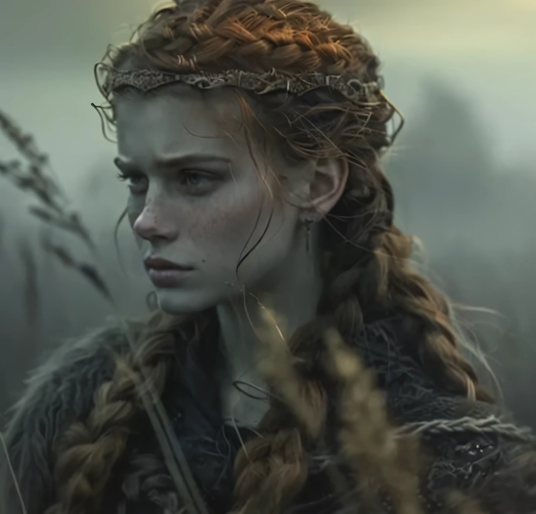 a woman with long hair and braids standing in a field, elegant cinematic fantasy art, retrato de arte conceitual de fantasia, detailed matte retrato de fantasia, epic retrato de arte de fantasia, beautiful retrato de arte de fantasia, retrato de arte de fantasia, retrato de fantasia art, retrato de fantasia, fantasy genre portrait, retrato de personagem de fantasia, epic portraits filmed, retrato de uma rainha elfa, ainda de um filme de fantasia