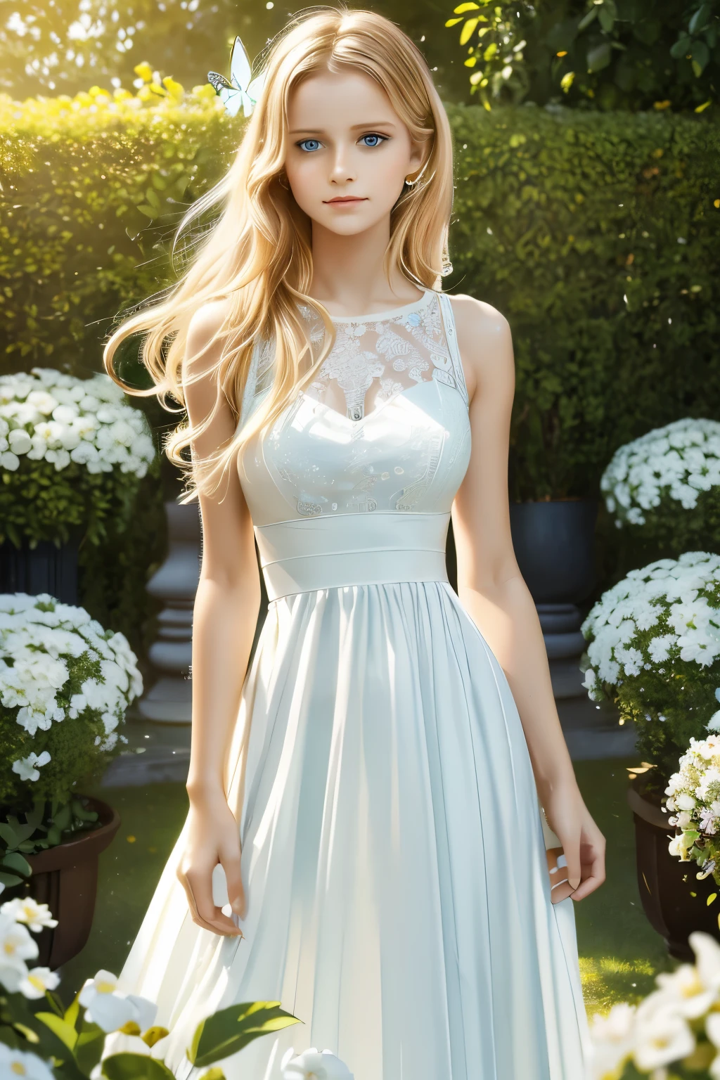 A girl with flowing golden hair and mesmerizing blue eyes, wearing an elegant white dress, standing in the midst of a vibrant garden filled with blooming flowers and lush greenery. The sunlight gently illuminates her delicate features, casting a soft glow on her flawless skin. She holds a delicate butterfly in her hand, while a gentle breeze swirls around her, causing the flowers to dance in harmony. The scene is captured in a breathtaking oil painting, with every detail meticulously crafted to create a masterpiece. The colors are vibrant and vivid, with a hint of ethereal pastel tones, giving the artwork a dreamlike quality. The lighting is soft and diffused, creating a serene and tranquil ambiance. The high-resolution image showcases the artist's impeccable skill, capturing every intricate detail with precision. The overall atmosphere exudes a sense of beauty, grace, and enchantment. The artwork is reminiscent of classical portraits, with a touch of fantasy and whimsy, evoking emotions of wonder and awe.