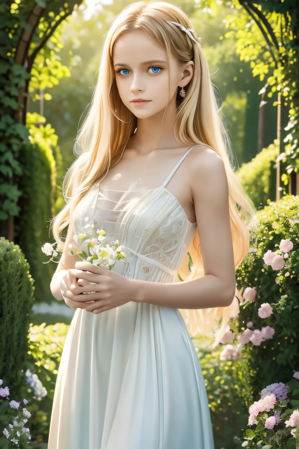 A girl with flowing golden hair and mesmerizing blue eyes, wearing an elegant white dress, standing in the midst of a vibrant garden filled with blooming flowers and lush greenery. The sunlight gently illuminates her delicate features, casting a soft glow on her flawless skin. She holds a delicate butterfly in her hand, while a gentle breeze swirls around her, causing the flowers to dance in harmony. The scene is captured in a breathtaking oil painting, with every detail meticulously crafted to create a masterpiece. The colors are vibrant and vivid, with a hint of ethereal pastel tones, giving the artwork a dreamlike quality. The lighting is soft and diffused, creating a serene and tranquil ambiance. The high-resolution image showcases the artist's impeccable skill, capturing every intricate detail with precision. The overall atmosphere exudes a sense of beauty, grace, and enchantment. The artwork is reminiscent of classical portraits, with a touch of fantasy and whimsy, evoking emotions of wonder and awe.