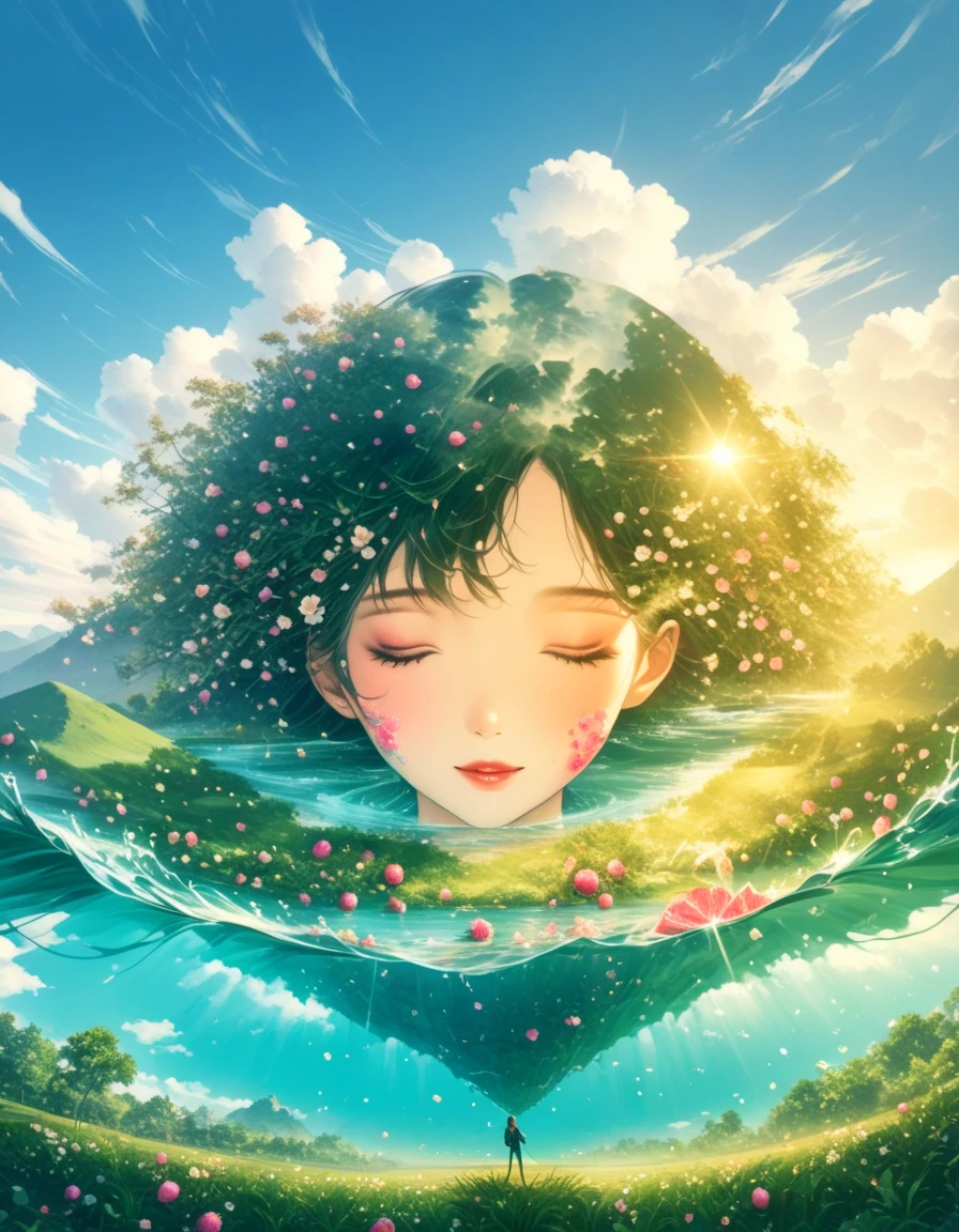 A guitar made of dragon fruit floats in the river, half leaking out, surrounded by a small amount of green grass and flowers. The sunlight shone on its face, creating a beautiful scene. It has a surreal style, bright colors, and high-definition photography. I can't believe how beautiful these photos are! High definition, high-resolution, wide-angle lens, panoramic, water splashing effect, floating instrument, natural scenery, brilliant sunshine. Surrealist style