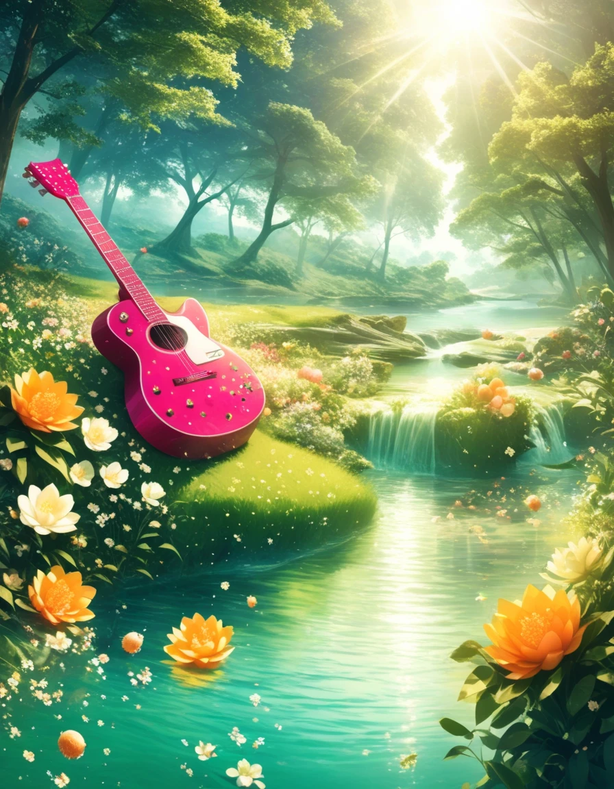 A guitar made of dragon fruit floats in the river, half leaking out, surrounded by a small amount of green grass and flowers. The sunlight shone on its face, creating a beautiful scene. It has a surreal style, bright colors, and high-definition photography. I can't believe how beautiful these photos are! High definition, high-resolution, wide-angle lens, panoramic, water splashing effect, floating instrument, natural scenery, brilliant sunshine. Surrealist style