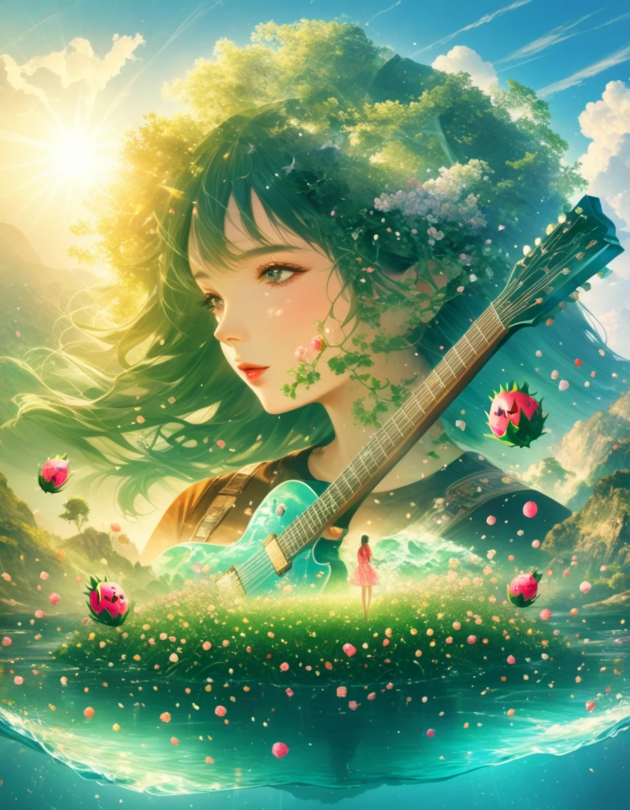 A guitar made of dragon fruit floats in the river, half leaking out, surrounded by a small amount of green grass and flowers. The sunlight shone on its face, creating a beautiful scene. It has a surreal style, bright colors, and high-definition photography. I can't believe how beautiful these photos are! High definition, high-resolution, wide-angle lens, panoramic, water splashing effect, floating instrument, natural scenery, brilliant sunshine. Surrealist style