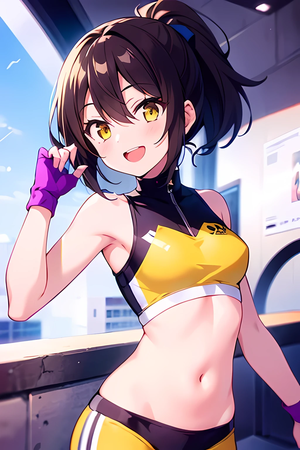 1 girl, solo, dark brown hair, {{short hair, idol costume}}, (masterpiece), ponytail hairstyle, {{tsurime}}, {smile, open mouth, small bust}, yellow eyes, athletic body