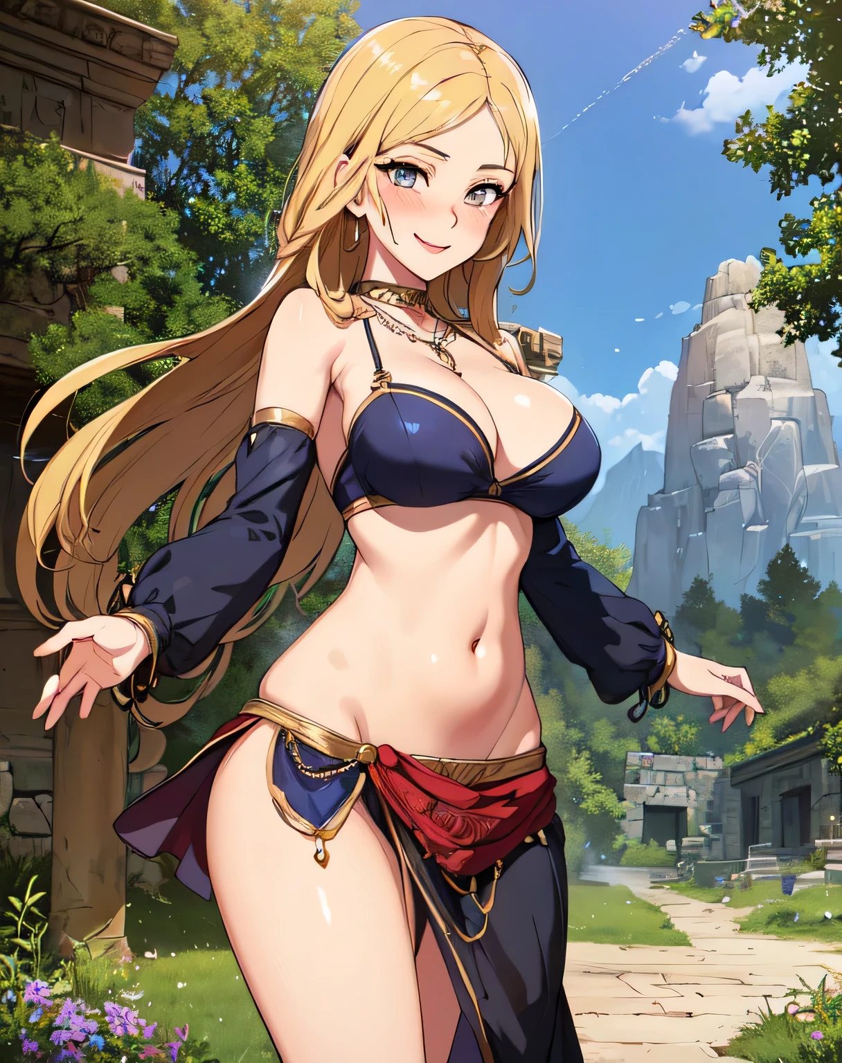  (shoujo-style), ((detailed hair, detailed eyelashes, banganhwa-scenery,  blush, large breasts, long hair, , ((perfect face)), (Mature Face:1.4), (beautiful face:1.15), detailed eyeasterpiece), (highest quality), best quality, highres, 8K, extremely detailed, Digital Art, (Hyper-Detailed Background:1.2), (realistic background),  (intricate details), award-winning, hyper-detailed, (illustration:1.1), 
(cinematic lighting), soft lighting, masterpiece, best quality, highly detailed ,glint,halterneck,gold_choker, complex detailed background,
inside, stone wall, ancient interior, ancient egyptian room, hieroglyphs, dark lighting, dark
atmosphere, (cowboy shot), holding a sword, sword, belly_chain,harem_outfit,navel, necklace,
pelvic_curtain,revealing_clothes, veil，masterpiece,best quality,1girl,mature,evil smile, smile,
female,mature,necklace,pendant, (nsfw) not safe for work, exposed belly, exposed navel, exposed
midriff, exposed lower belly