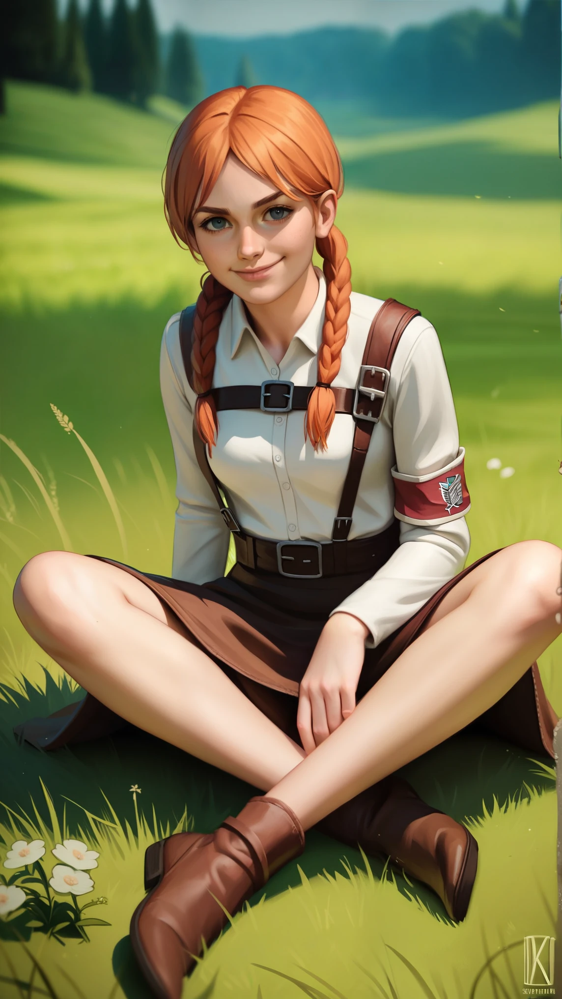 score_9, score_8_up, source_realistic, Realistic photo, photo, real, Realistic, score_9, score_8_up, score_7_up, source_anime, score_9, skinny, attack on titan, 1girl, solo, sitting, outdoors, , aged down, kid, wearing skirt, medieval, medievaloutfit, grassy field, sittingon grass, looking at viewer, ppen mouth, ginger pigtails, braided pigtails, attavk on titan style, aot, snk, spreading legs, no panties, smug, happy, smug expression 