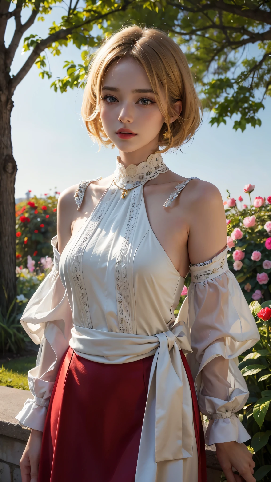 (best quality,4k,8k,highres,masterpiece:1.2),ultra-detailed,(realistic,photorealistic,photo-realistic:1.37),a girl with short blonde hair, red clothing, oil painting, detailed facial features, vibrant colors, soft lighting, garden scenery, blooming flowers, flowing dress