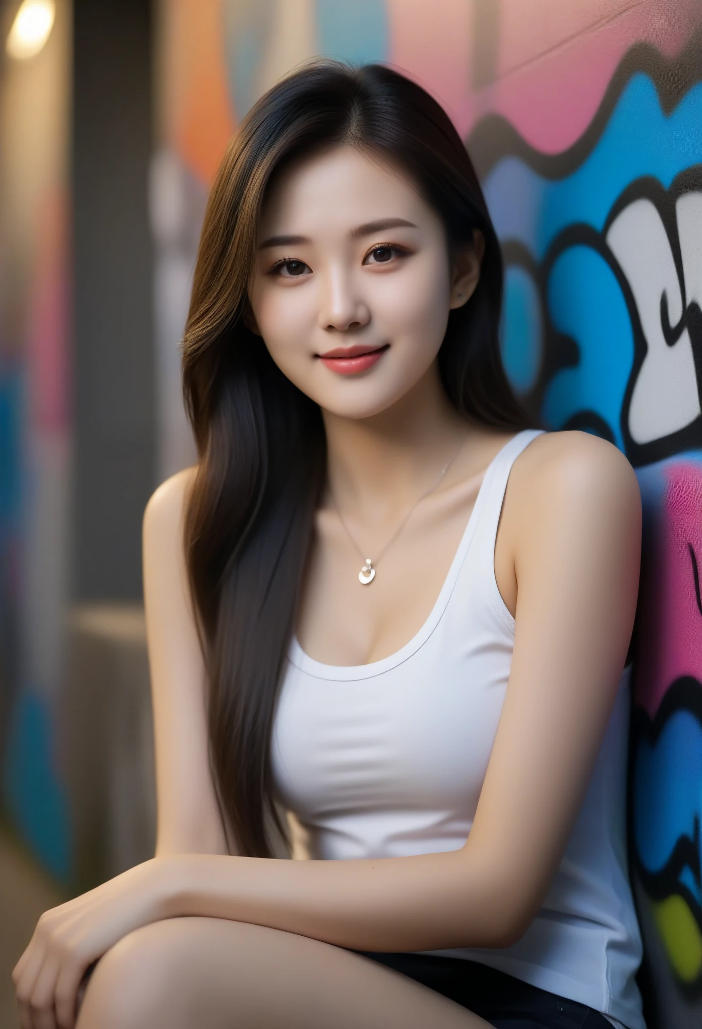 Close-up shot of beautiful korean female, 36 inch breasts size, straight long hair, slightly smile, wearing fitting  tank top, necklace, sitting against the graffiti wall, night, UHD