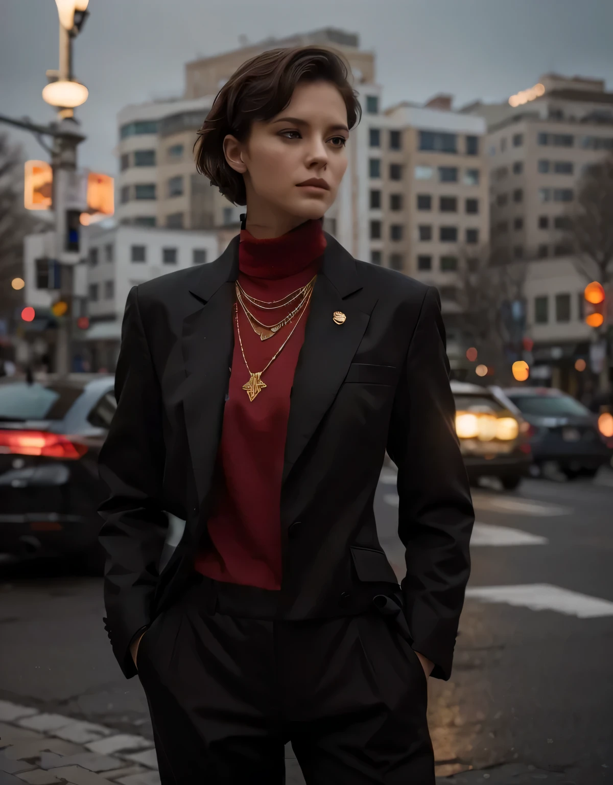 the most beautiful female soldier, beautiful stereotypical Russian face, very short brown hair, pale skin, Soviet style formal two-piece black suit, under the suit a red turtleneck sweater, gold necklace, she is in the street in washington DC, night light, 4k, ultra detailed image, Realistic, highly detailed, perfect composition, gorgeous, Intricately detailed, incredibly detailed , 8 k artistic photography, hyper detailed, masterpiece, ultra detailed, hyper Realistic, 4k, ultra detailed image , Realistic, very detailed, perfect composition, gorgeous, Intricately detailed, incredibly detailed, 8 k artistic photography, hyper detailed , masterpiece