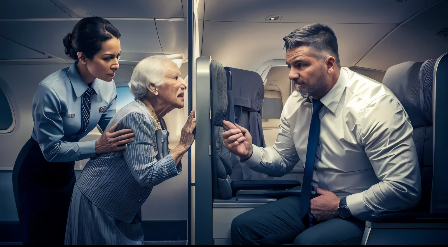 A striking close-up image of an elderly woman appearing to struggle with a lack of air, standing beside a flight attendant within an airplane. Both are on their feet near a first-class seat, attempting to persuade a formidable man in his mid-thirties to give up his seat for the elderly woman, but he remains seated with a furious expression, unwilling to comply., photo
