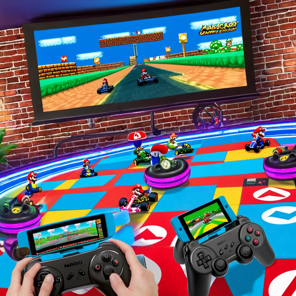 A retro games on screen, with 2 players plays from console. Mario Kart Games