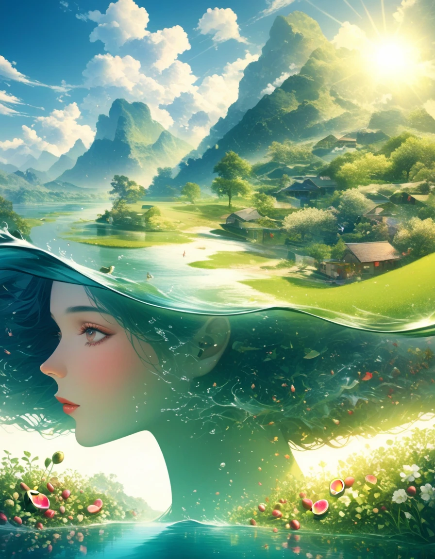 A guitar made of dragon fruit floats in the river, half leaking out, surrounded by a small amount of green grass and flowers. The sunlight shone on its face, creating a beautiful scene. It has a surreal style, bright colors, and high-definition photography. I can't believe how beautiful these photos are! High definition, high-resolution, wide-angle lens, panoramic, water splashing effect, floating instrument, natural scenery, brilliant sunshine. Surrealist style