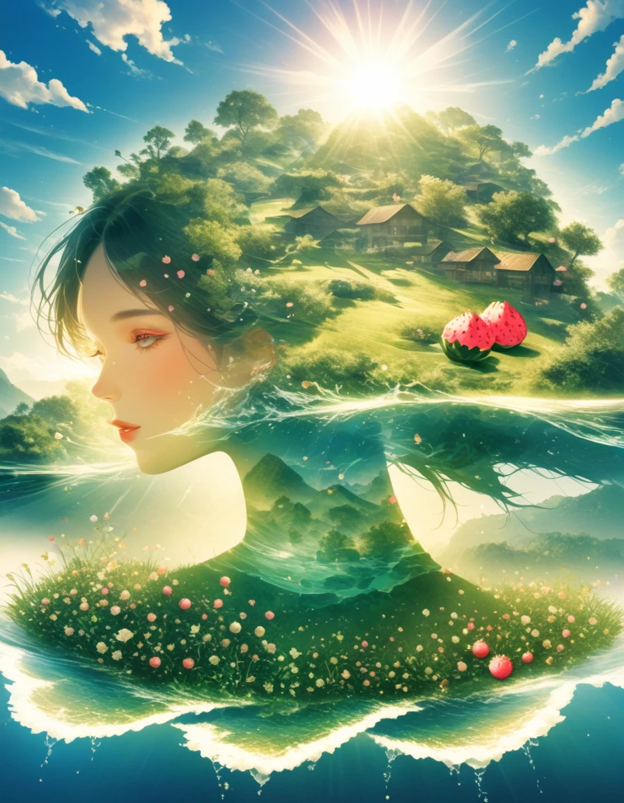 A guitar made of dragon fruit floats in the river, half leaking out, surrounded by a small amount of green grass and flowers. The sunlight shone on its face, creating a beautiful scene. It has a surreal style, bright colors, and high-definition photography. I can't believe how beautiful these photos are! High definition, high-resolution, wide-angle lens, panoramic, water splashing effect, floating instrument, natural scenery, brilliant sunshine. Surrealist style