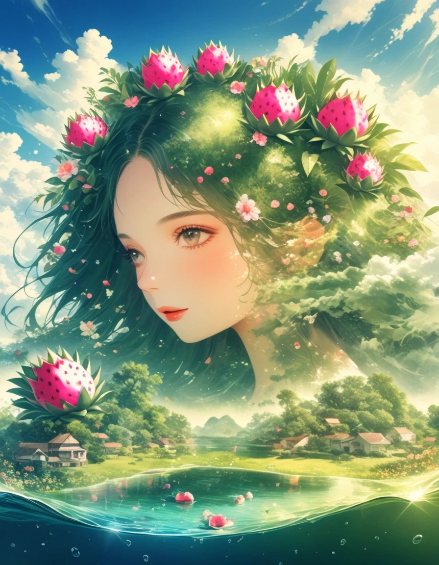 A guitar made of dragon fruit floats in the river, half leaking out, surrounded by a small amount of green grass and flowers. The sunlight shone on its face, creating a beautiful scene. It has a surreal style, bright colors, and high-definition photography. I can't believe how beautiful these photos are! High definition, high-resolution, wide-angle lens, panoramic, water splashing effect, floating instrument, natural scenery, brilliant sunshine. Surrealist style