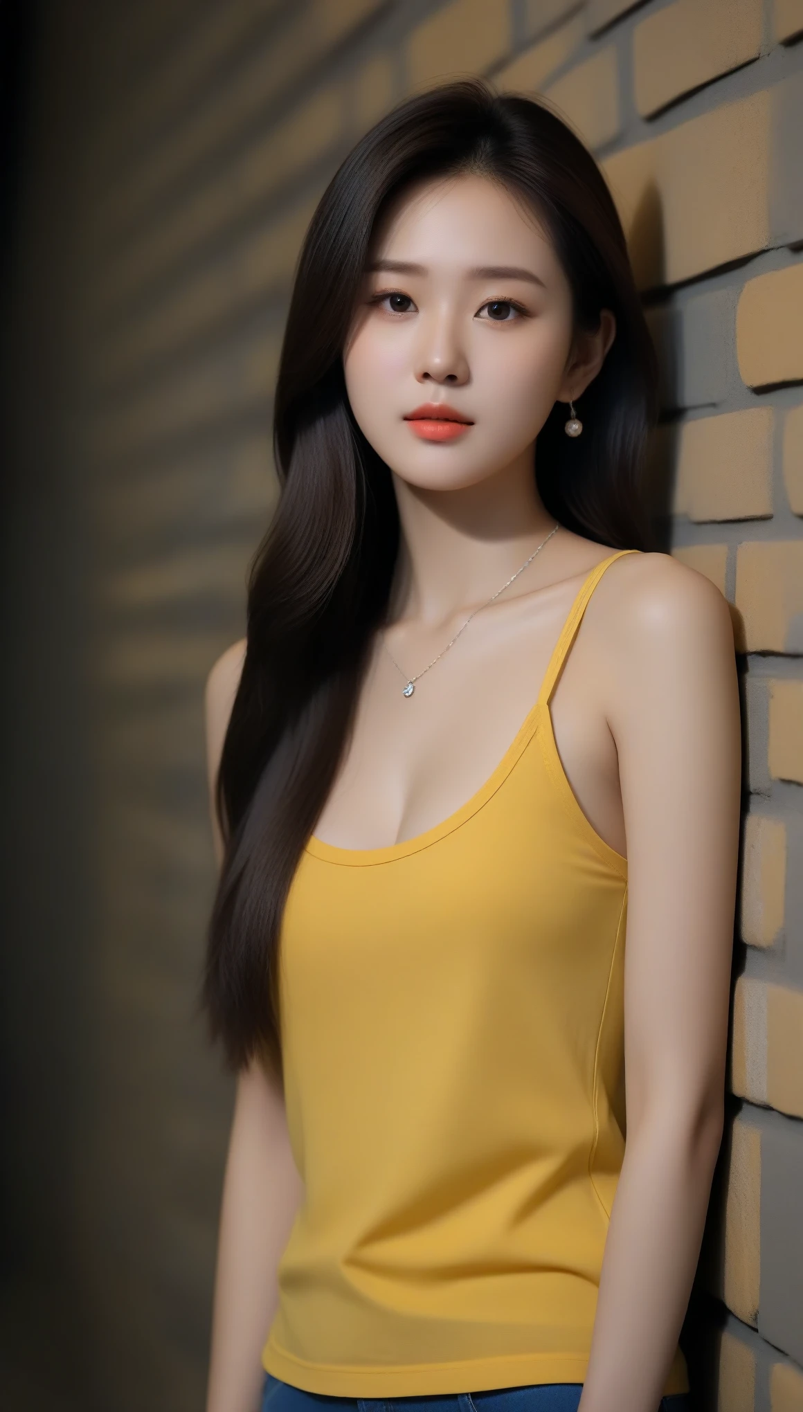 Close-up shot of beautiful korean female, 36 inch breasts size, straight long hair, , wearing yellow fitting tank top, necklace, standing against the gary brick wall, night, UHD