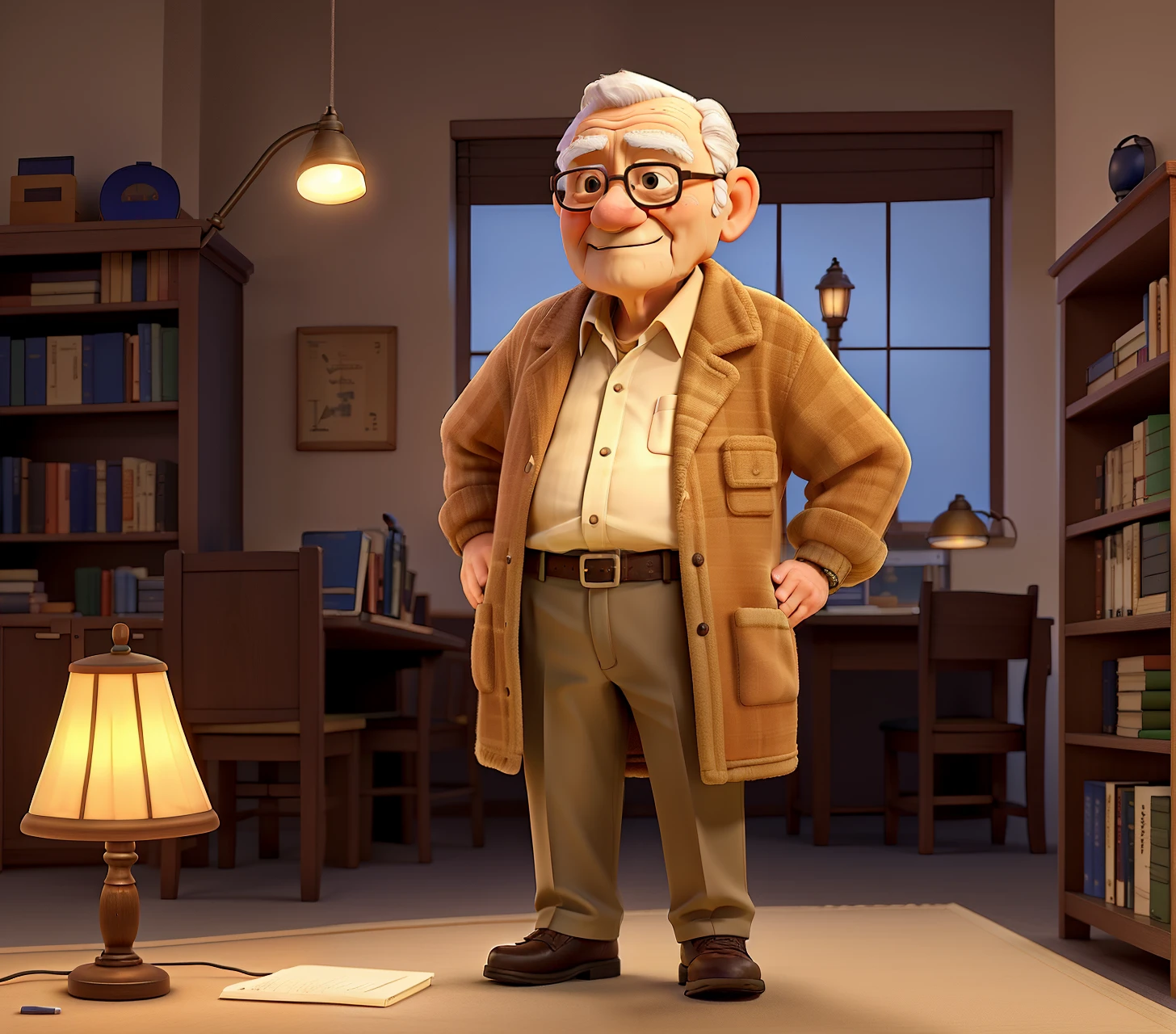 A wise old man standing in front, illuminated by the light of a lamp, tendo como pano de fundo uma biblioteca