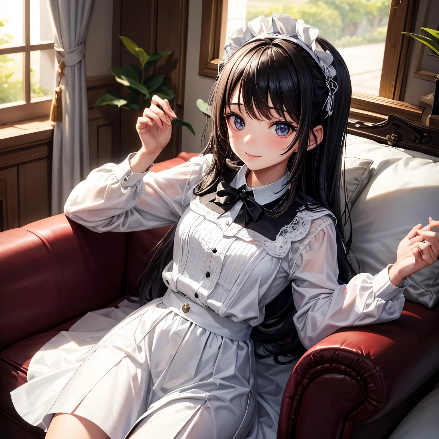 chico adolescente con camisa blanca vestido de forma elegante con chaleco negro, con guantes negros, cabello corto y negro, ojos morados sonriendo con corbata negra