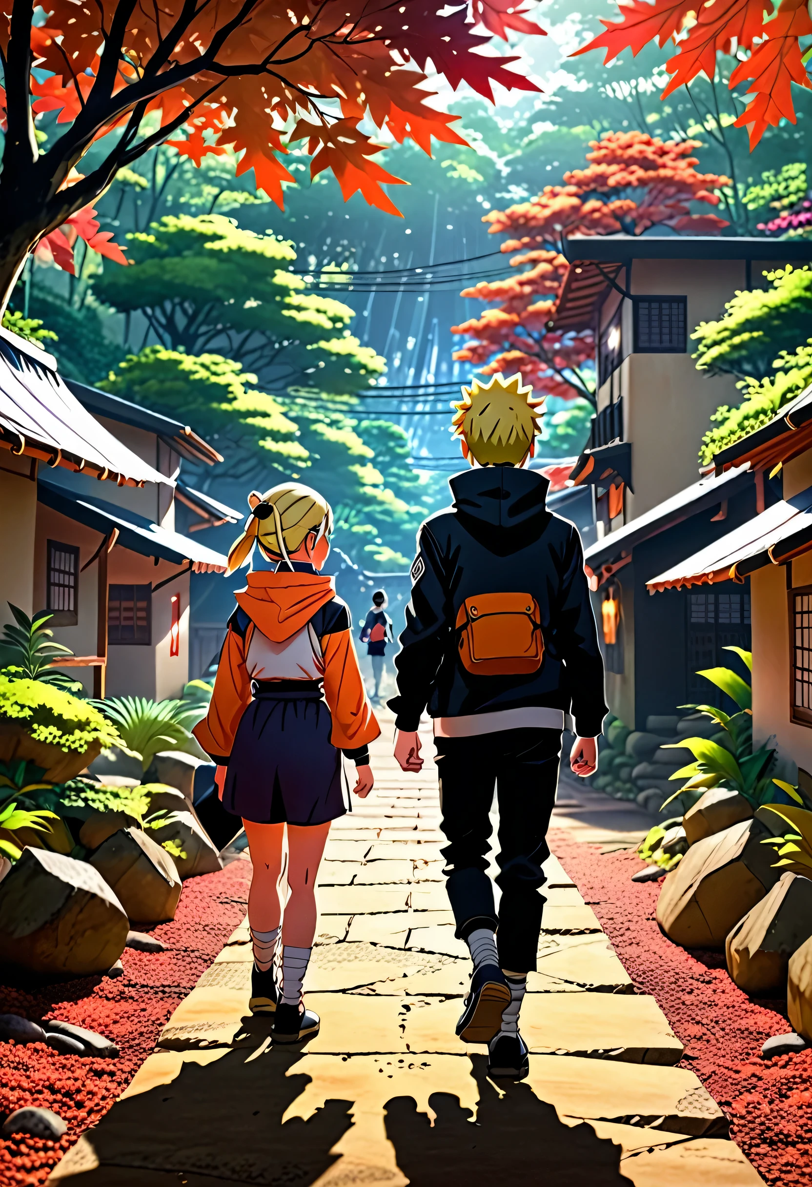 Boruto as a teenager with Hinata walking through the leaf village (Anime Naruto)(sinistro:1.2), (escuro, moody lighting), (atmosfera sinistra), (Contrast between Light and escuro), arte de qualidade HD 8k , Boruto usando o  Biyakugan 