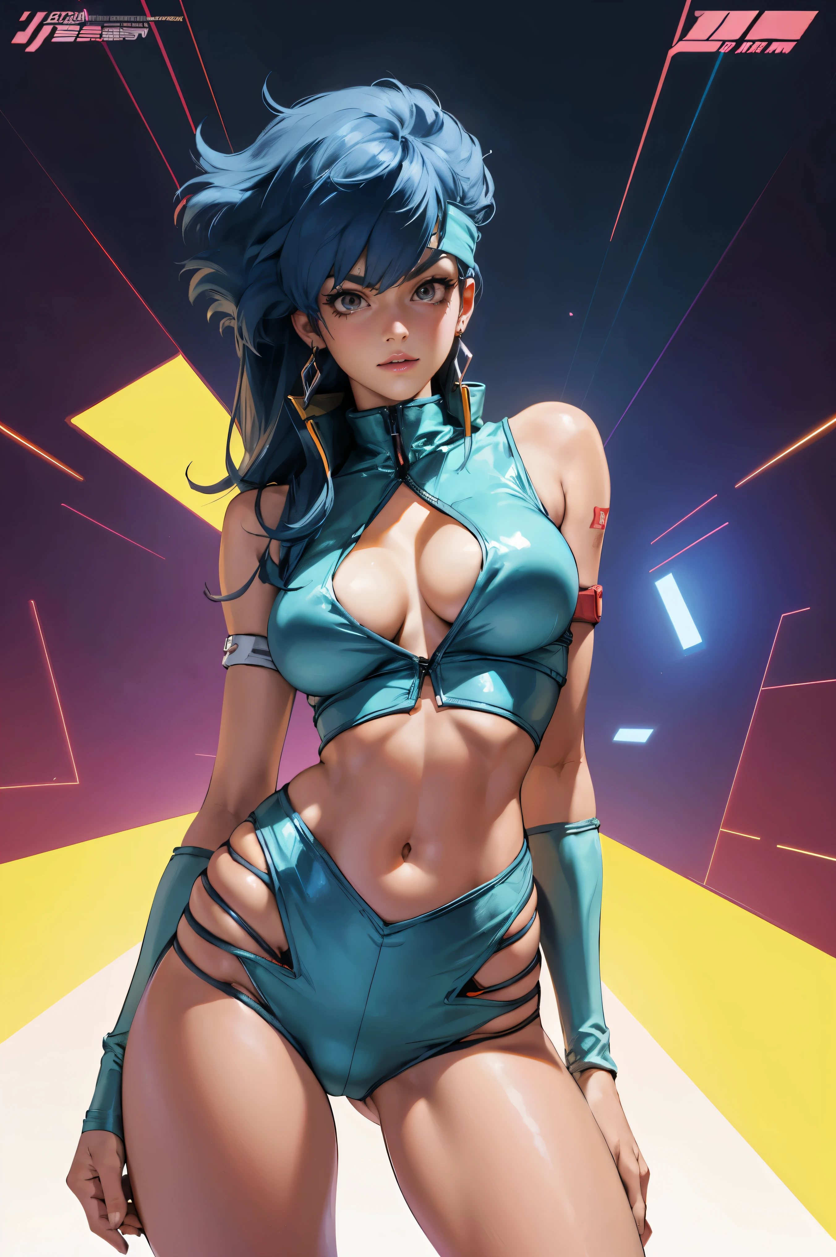 Yuri from The Dirty Pair, , wearing a tight outfit, skimpy, medium breast, (long hair), dark blue hair, beauty, cyberpunk city background, holding retro space-gun, cleavage, slim waist, slim thighs, thigh gap, (light yellow uniform), show belly