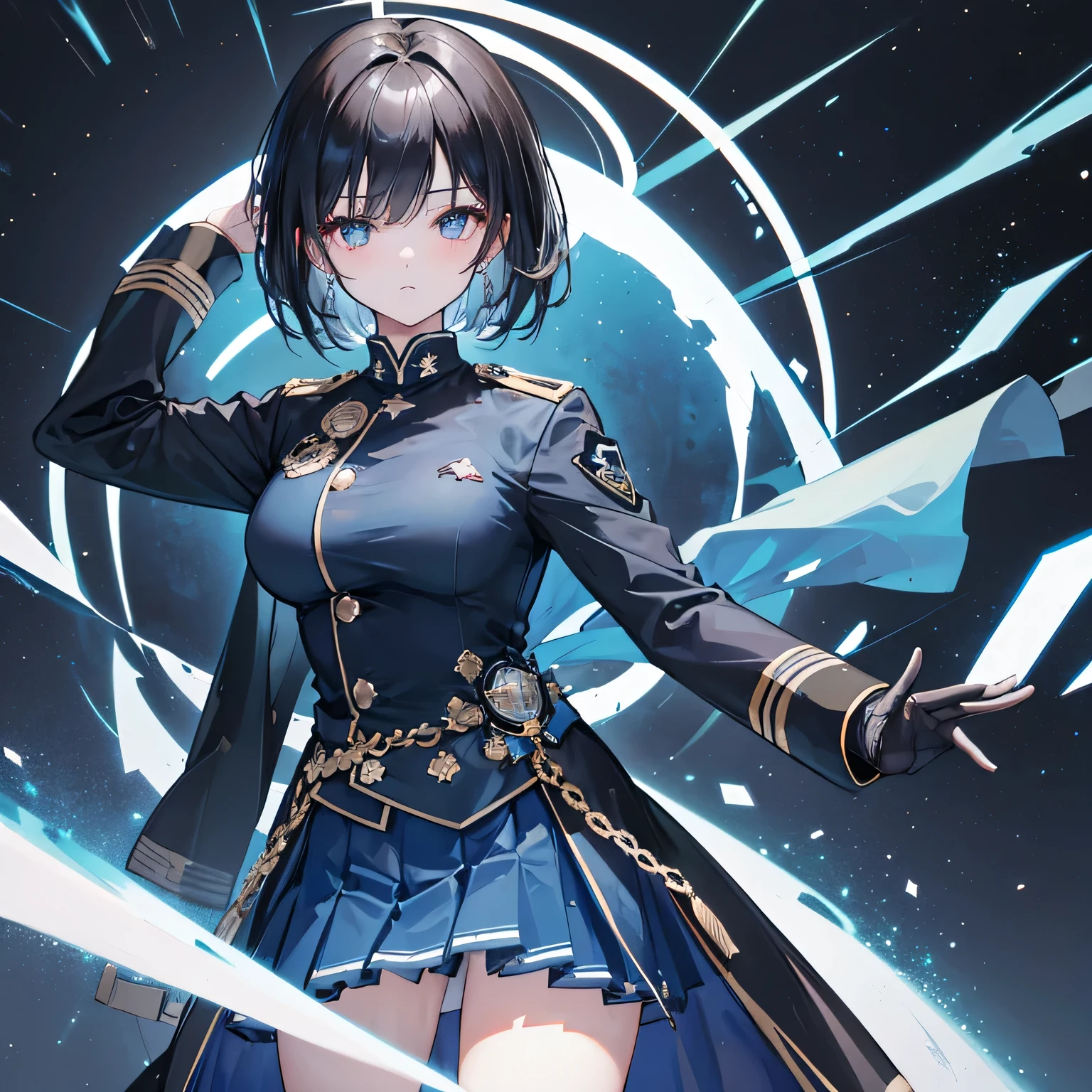 (highest resolution, distinct_image), best quality, masterpiece, highly detailed, semi realistic, a woman with black shoulder length hair, black pupils, mature, mature woman, imperial sister, sexy, short hair, triple bangs, light blue uniform, light blue uniform jacket, soldier, light blue pleated skirt, military uniform, fighter front, future, science fiction, universe