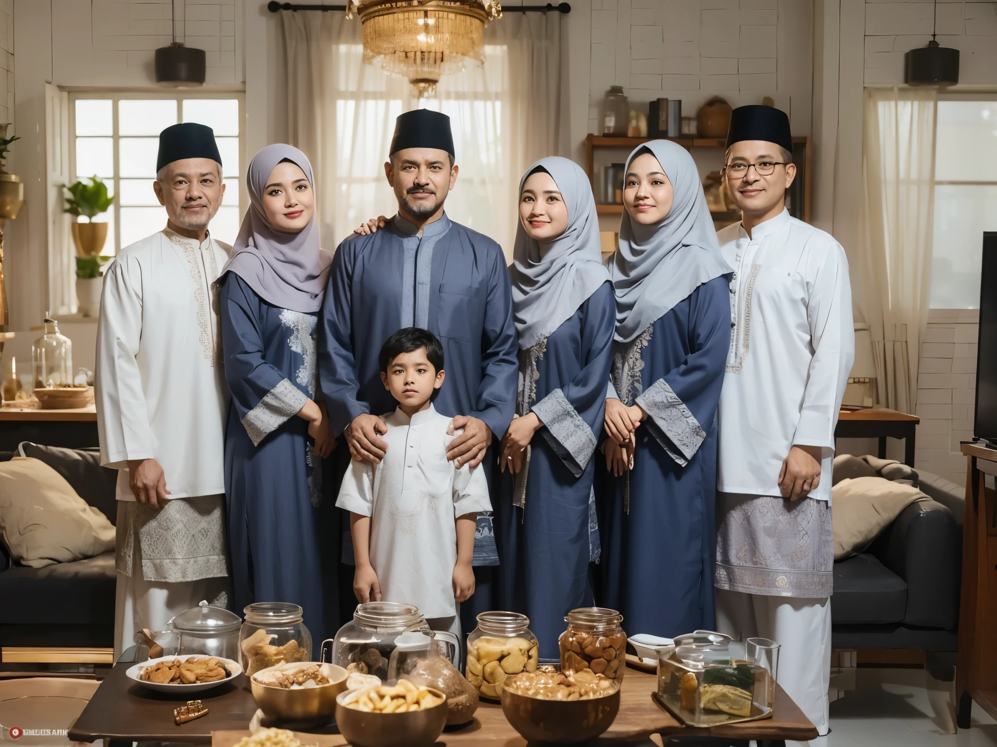 Family photo in Indonesia, seven members. A 50-year-old man is carrying a 5-year-old boy, a 50-year-old woman is standing next to them, and two pairs of husband and wife, both 35 years old. They are all wearing matching navy-colored Muslim clothes and 'gamis', posing standing in the living room with Islamic decorations. There are several jars of snacks and glasses of drinks on the table, creating an atmosphere of Eid. The photo is taken in a professional studio with high detail and resolution (8k).