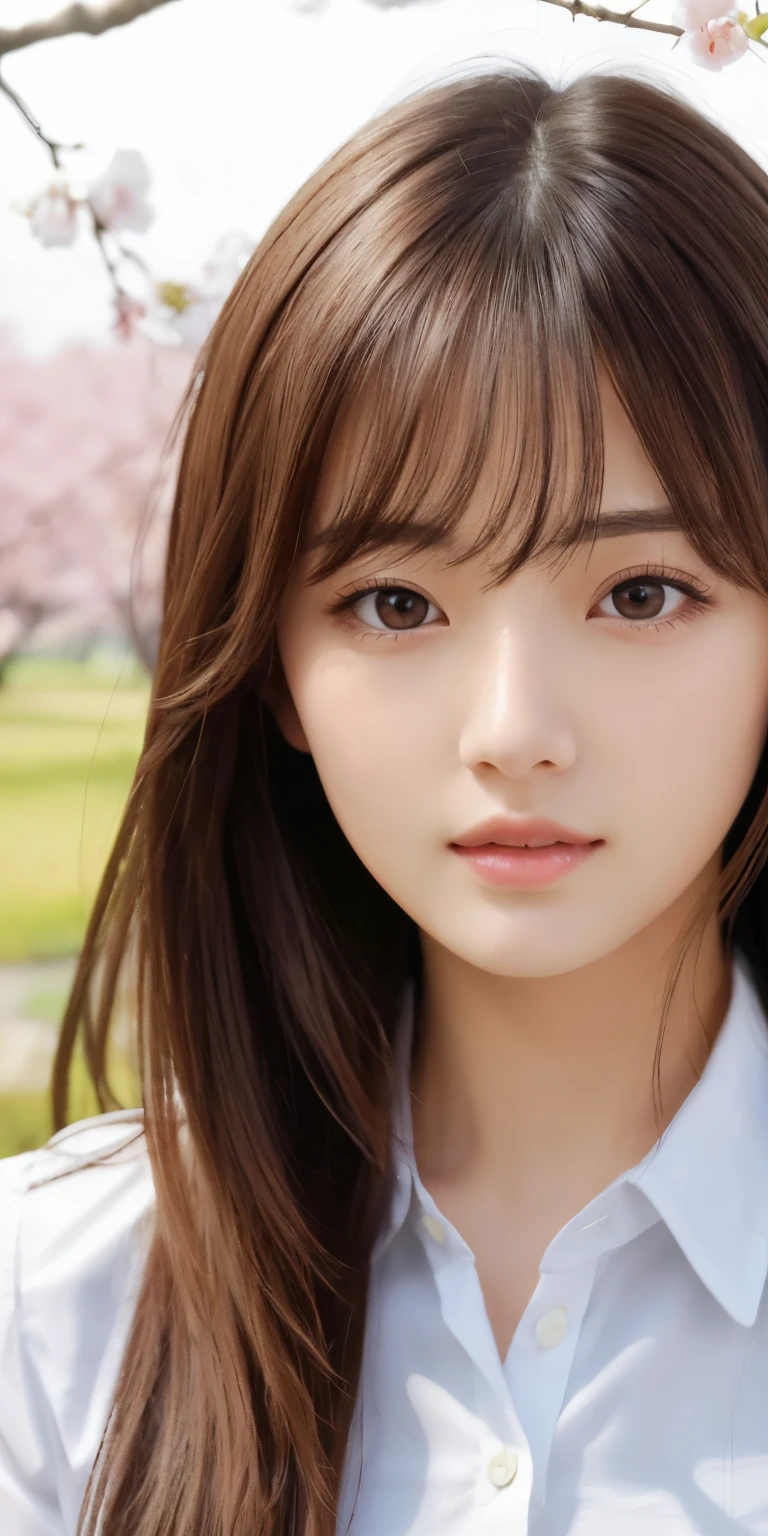 masterpiece、highest quality、High resolution、wallpaper、realistic、bright lighting、professional lighting、face light、smooth lighting、japanese woman、20-year-old、Beautiful woman、action、gravure、sexy、white collared shirt、super beautiful、beautiful skin、beautiful and detailed eyes、detailed face、slim、moderately、beautiful long hair、brunette colored hair、dark brown eyes、look at the camera、Upper body、under the cherry tree