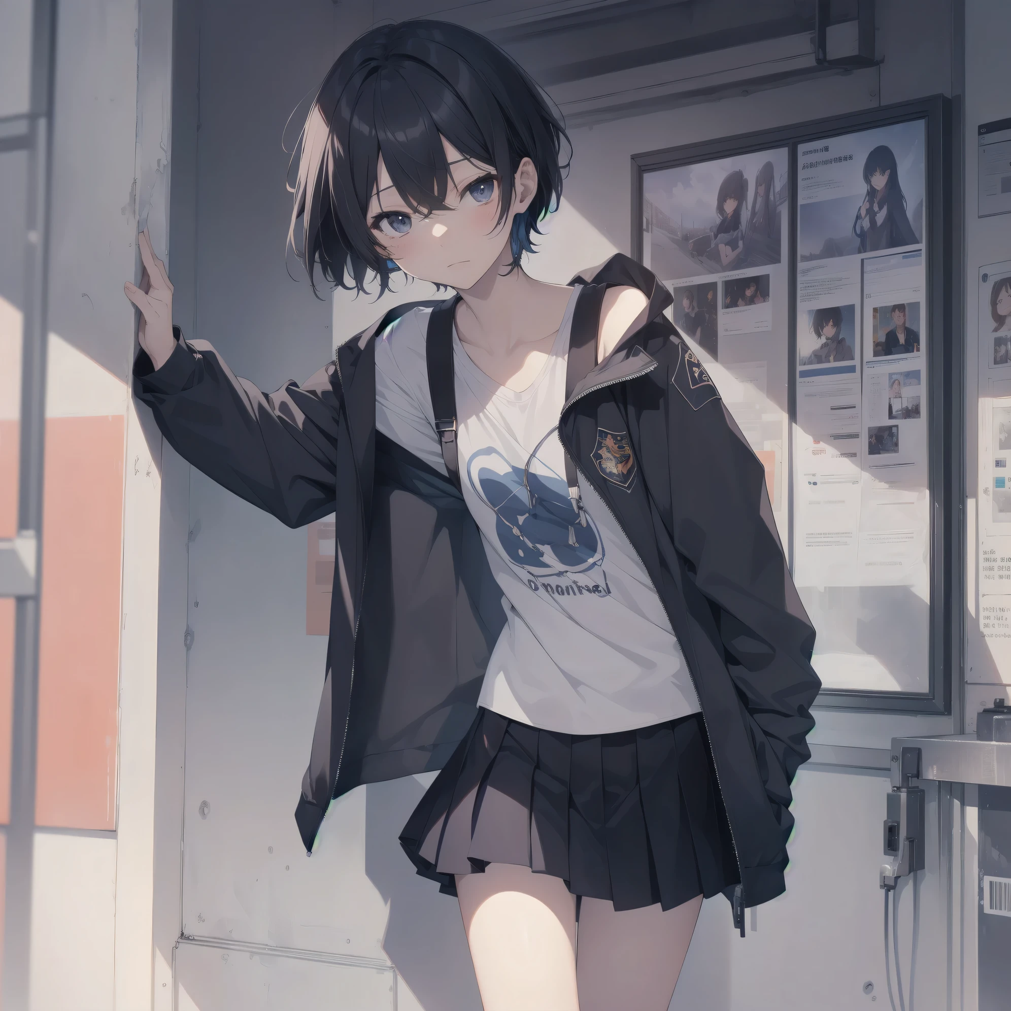 ultra-absurdres-Top quality by art God, ultra-detailed, high resolution, anime moe artstyle, best anime 8k konachan wallpaper, pixiv contest winner, perfect anatomy,break, 1girl, (Please draw a girl walking sleepily to school alone. )break,(Solo,little female, 13-year-old:1.3),Full limbs, complete fingers,a junior high school student, Attractiveness of immature bodies, (very short hair), short cut, flat chest, , small butt, groin, small black eyes, beautiful detailed eyes, well-proportioned iris and pupils, expressive eyes, highres detailed hair, soft expression, school_uniform, pleated skirt,(Detailed Lighting), (Detailed background), in the School commute route. break,super detailed skin, Best cinematic lighting powered by famous artist, 8k,beauty illustration,photoshop_(medium),very aesthetic,UHD,textured skin,break,((artist:core)), artist:fukahire_(ruinon),artist:shinkai makoto,artist:sekiya asami,artist:kantoku,