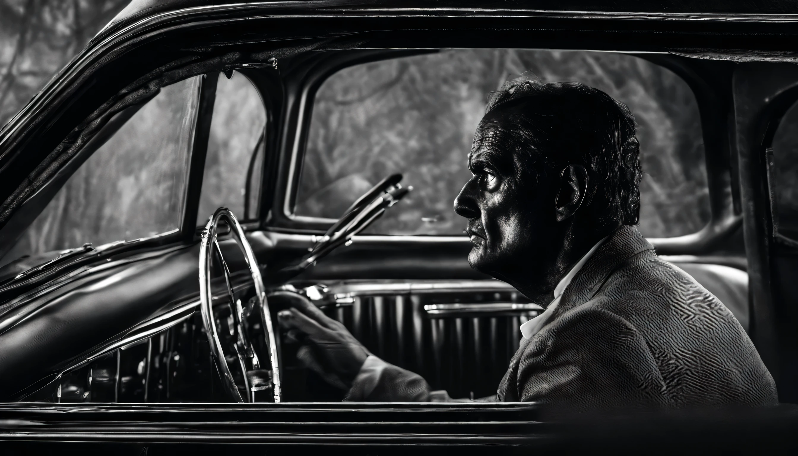 ultra detailed image of a man behind the wheel of a vintage car, scared expression, horror film photography