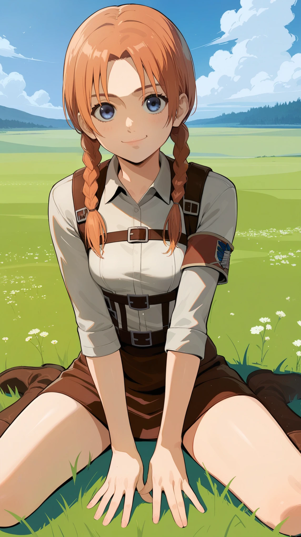 score_9, score_8_up, score_7_up, score_6_up, source_anime, BREAK by ikuchan kaoru, iku, clean color, flat color, skinny, attack on titan, 1girl, solo, sitting, outdoors, , aged down, ???, wearing skirt, medieval, medievaloutfit, grassy field, sittingon grass, looking at viewer, ppen mouth, ginger pigtails, braided pigtails, attavk on titan style, aot, snk, spreading legs, no panties, smug, happy, smug expression