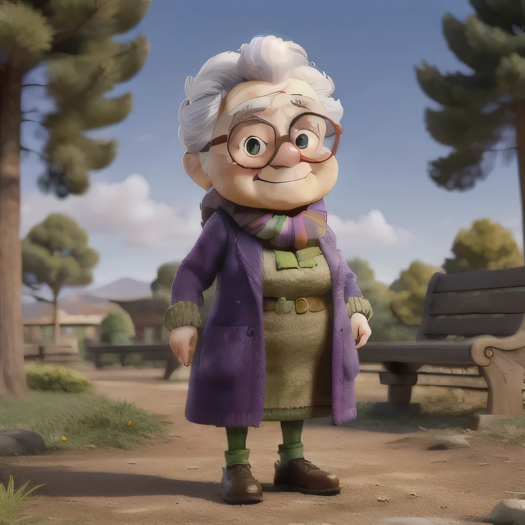 masterpiece, best quality, an old woman with glasses and a scarf on, wearing a purple coat and green scarf, standing at the park