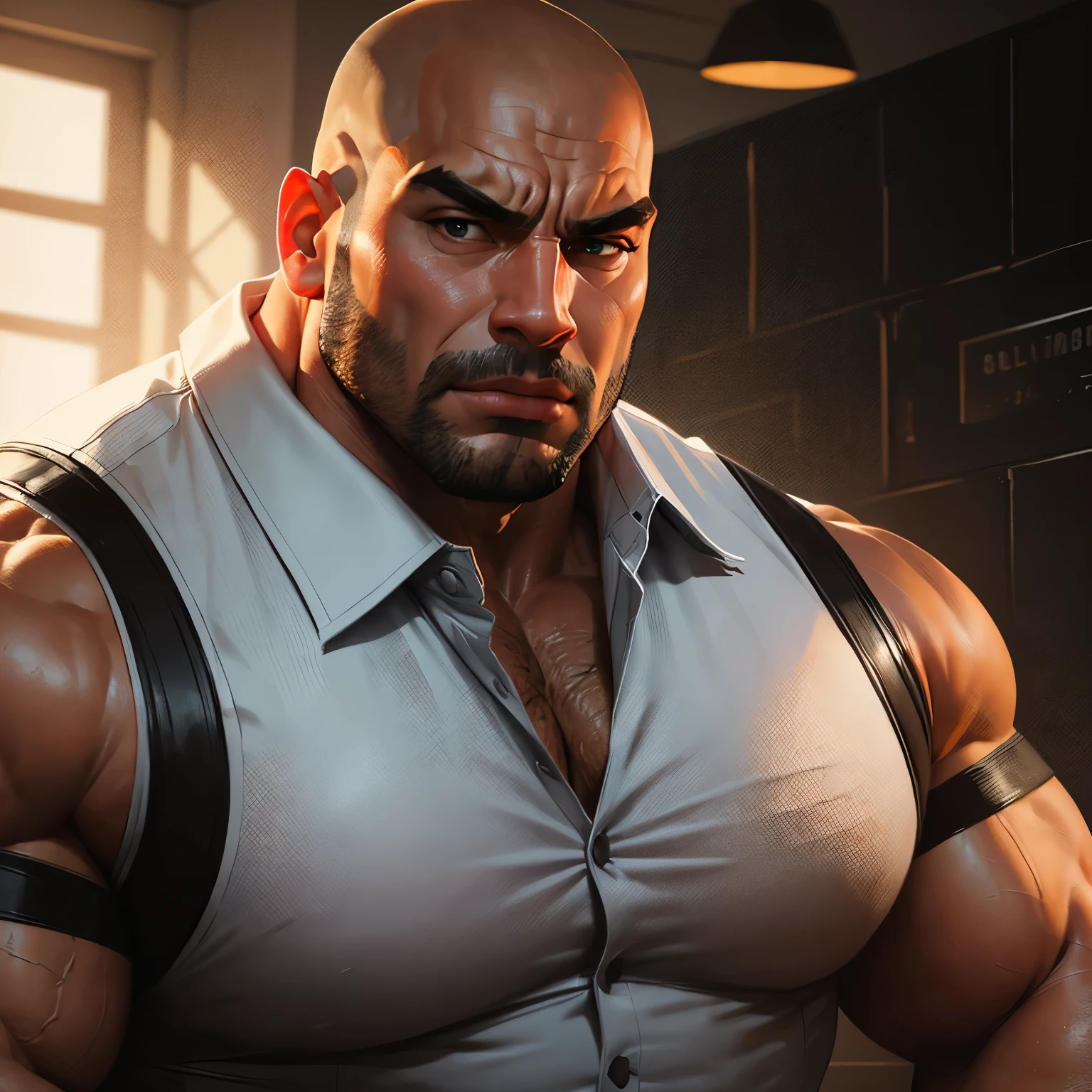 an exaggeratedly muscular and large bald bodyguard, beefy build, mixed race, (wearing collared prison warden uniform: 1.2), (bara pecs: 1.3), (arm and chest hair: 1.1), close-up portrait HD, grungy prison hallways