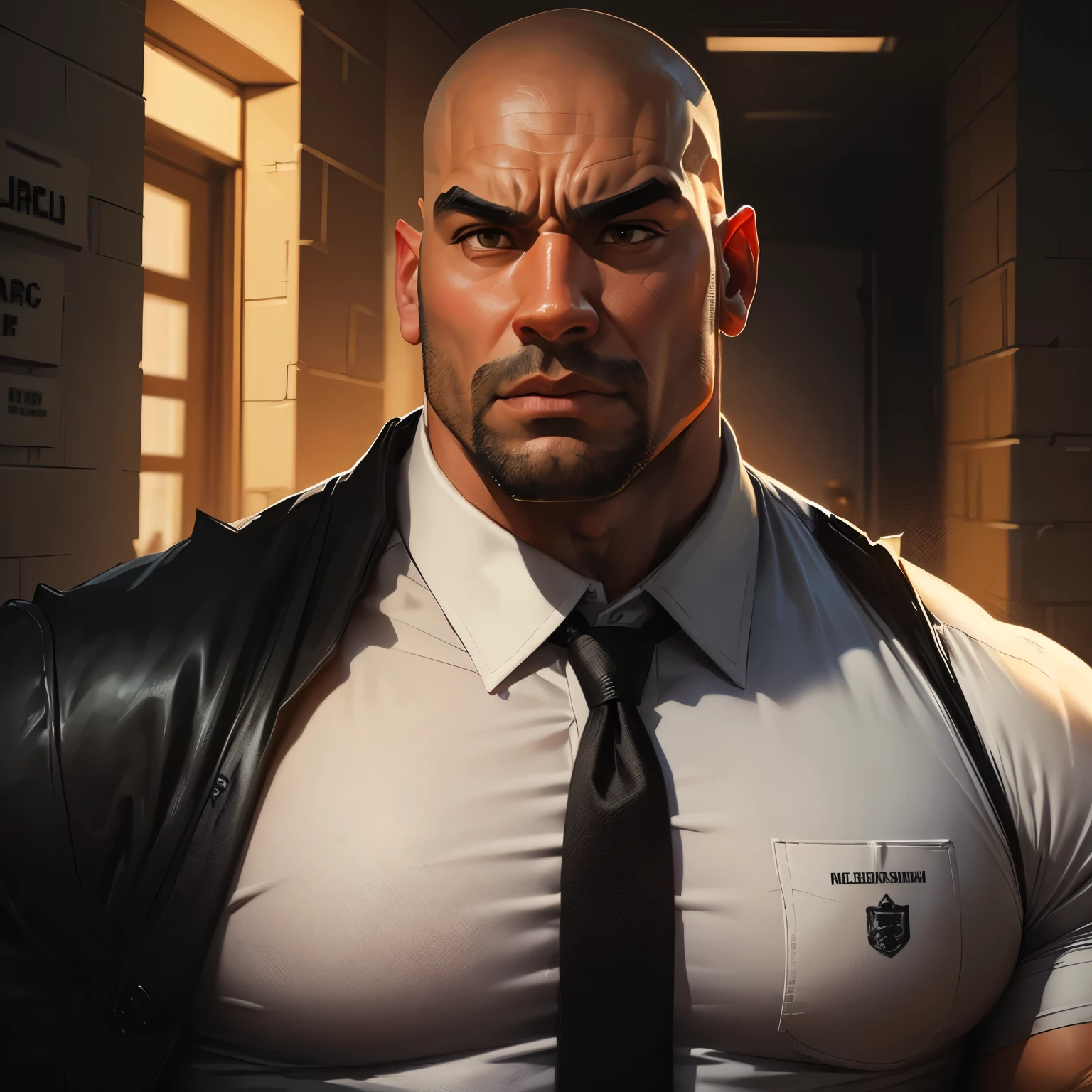 an exaggeratedly muscular and large bald bodyguard, beefy build, mixed race, (wearing collared prison warden uniform: 1.2), (bara pecs: 1.3), (arm and chest hair: 1.1), close-up portrait HD, grungy prison hallways