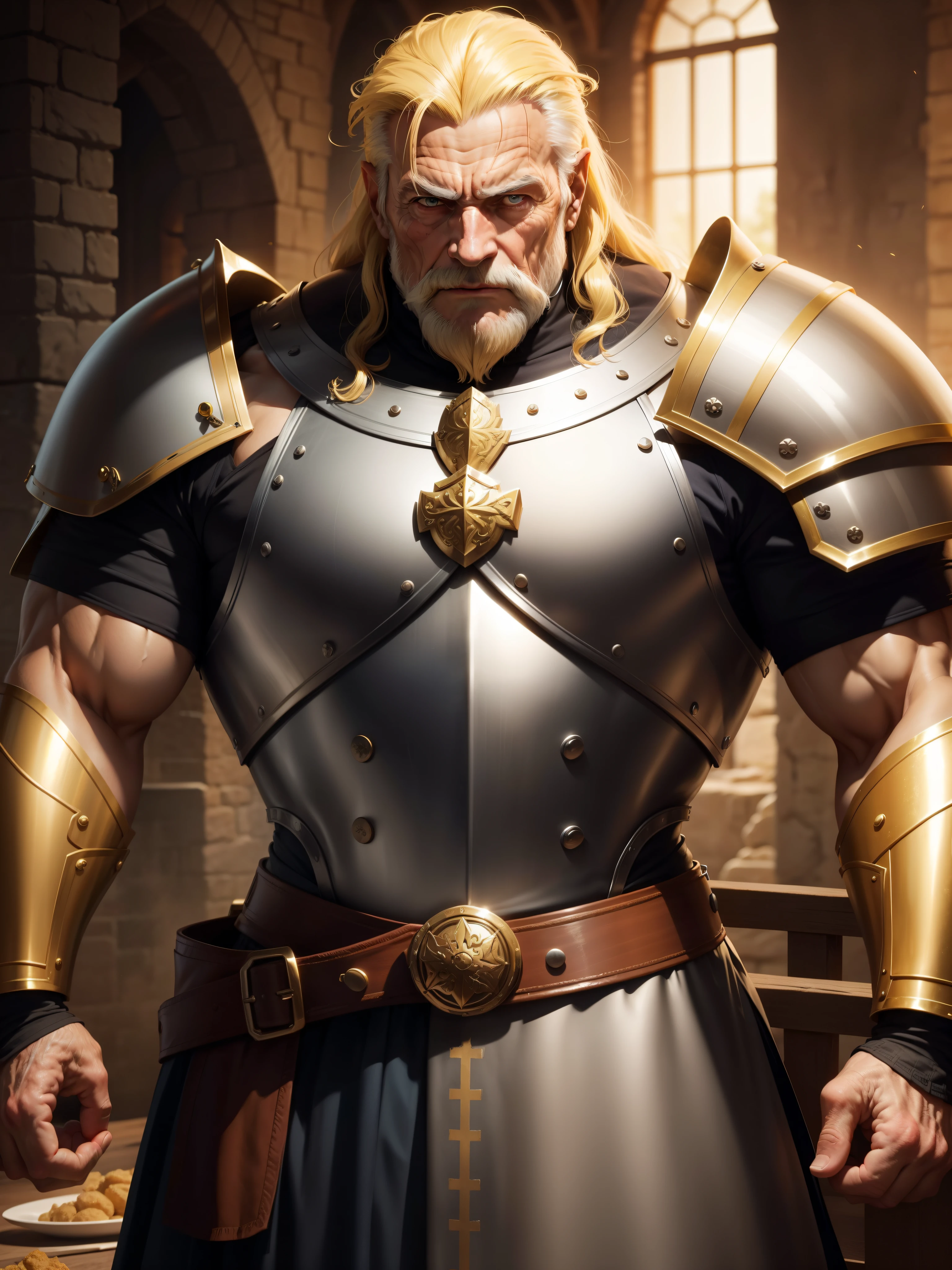 "An incredibly muscular old man in his 80s wearing medieval full plate armor with golden hair."