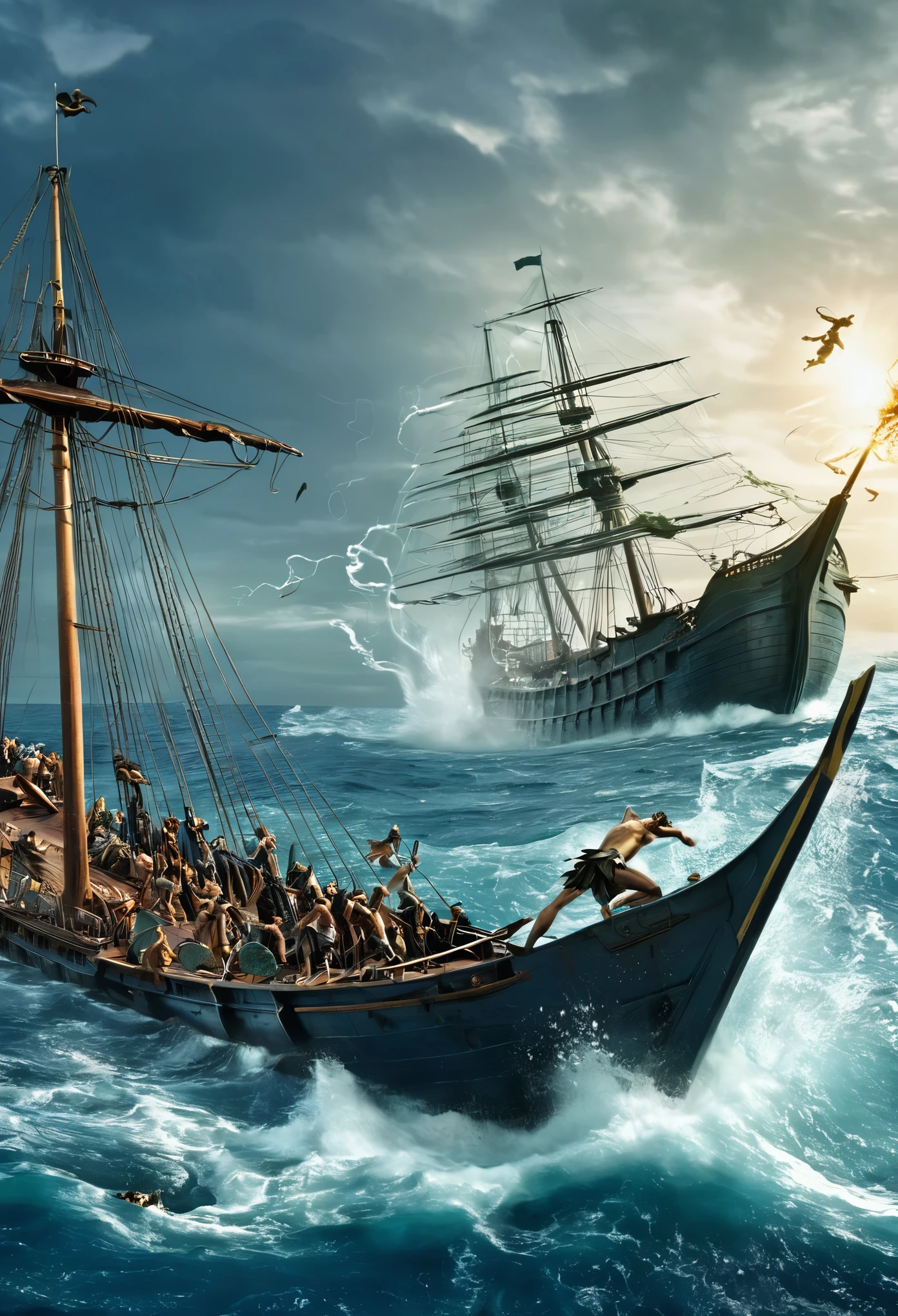 Poseidon hitting a ship attacked by a craken with his fork