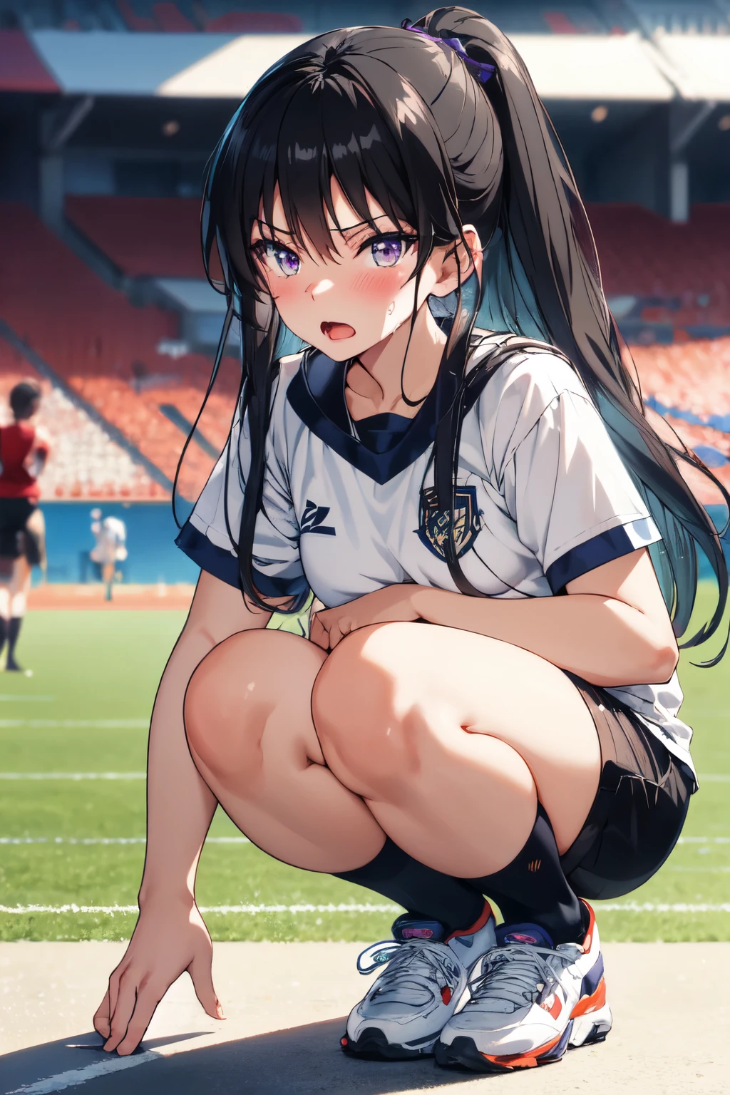 ((best quality)), ((masterpiece)), (detailed), perfect face, 1girl, pettied highschool girl, black hair, red/purple eyes, white shirt, black tight shorts, black high socks, white sneakers, crouching, looking up at viewer, flushed cheeks, sweating, looking embarressed, open mouth, detailed, 8k, high resolution, masterpiece, horikita suzune, football field, full body