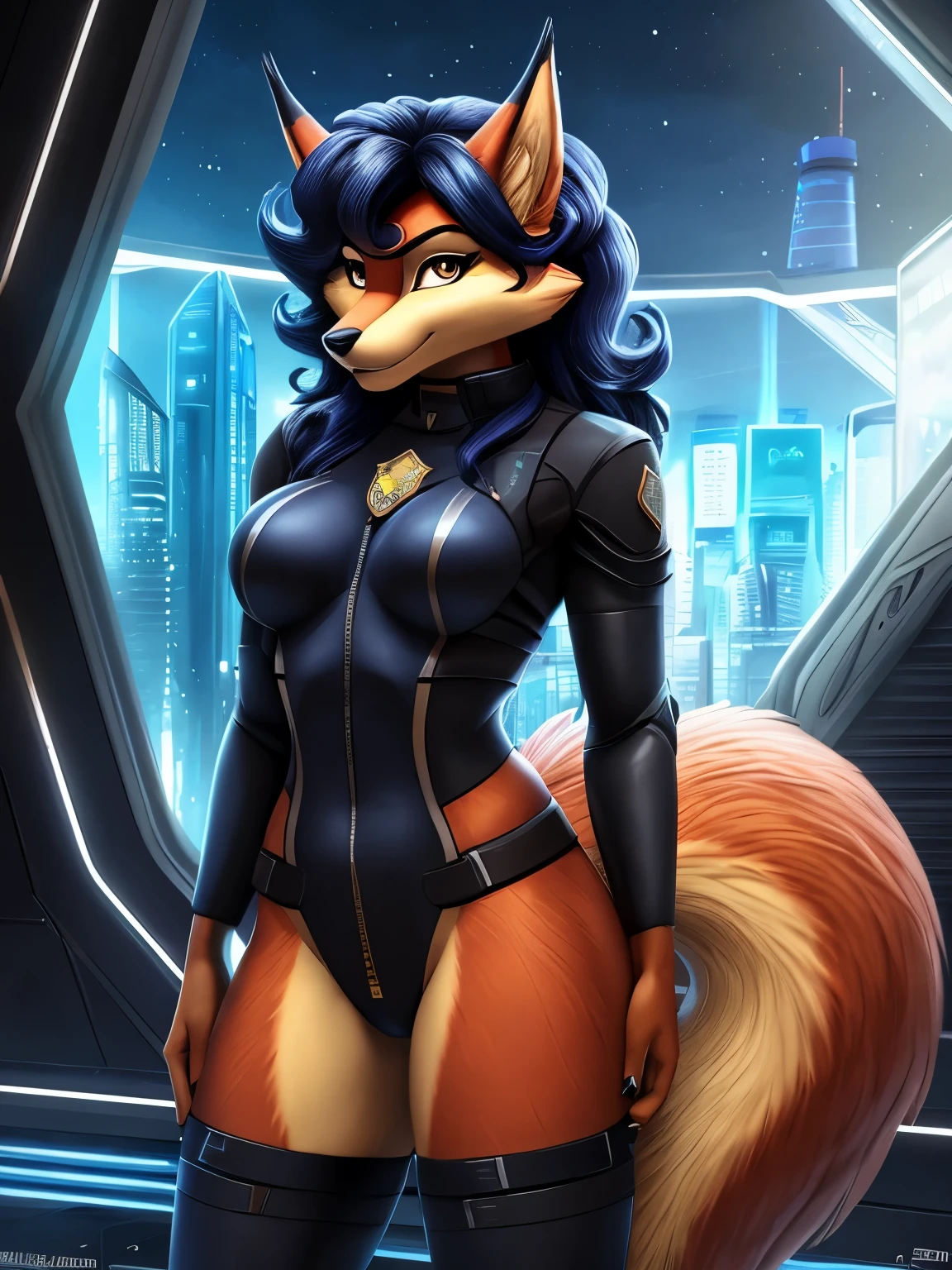 masterpiece, best quality, realistic, 8k, 1girl, carmelita fox, fox girl,muzzle, humanoid, anthropomorphic, furry, facial detail, wide shots, multiple angles, posing ,standing, sexy pose, (expressive eyes), sexy body, busty, sassy, defined (fur) ,(highly detailed eyes, brown eyes), ((black armor, black futuristic suit,futuristic police suit)),futuristic city,futuristic landscape,(photorealistic), [sharp focus], (HDR), (8k), (gigapixel), (masterpiece),day, happy, beautiful eyes,beautiful background,((two tone body)), anthro wolf girl, detailed fur, fluffy fur, fluffy tail,fingering, schlick,((orange body,orange fur)),(solo),sexy pose,small breast