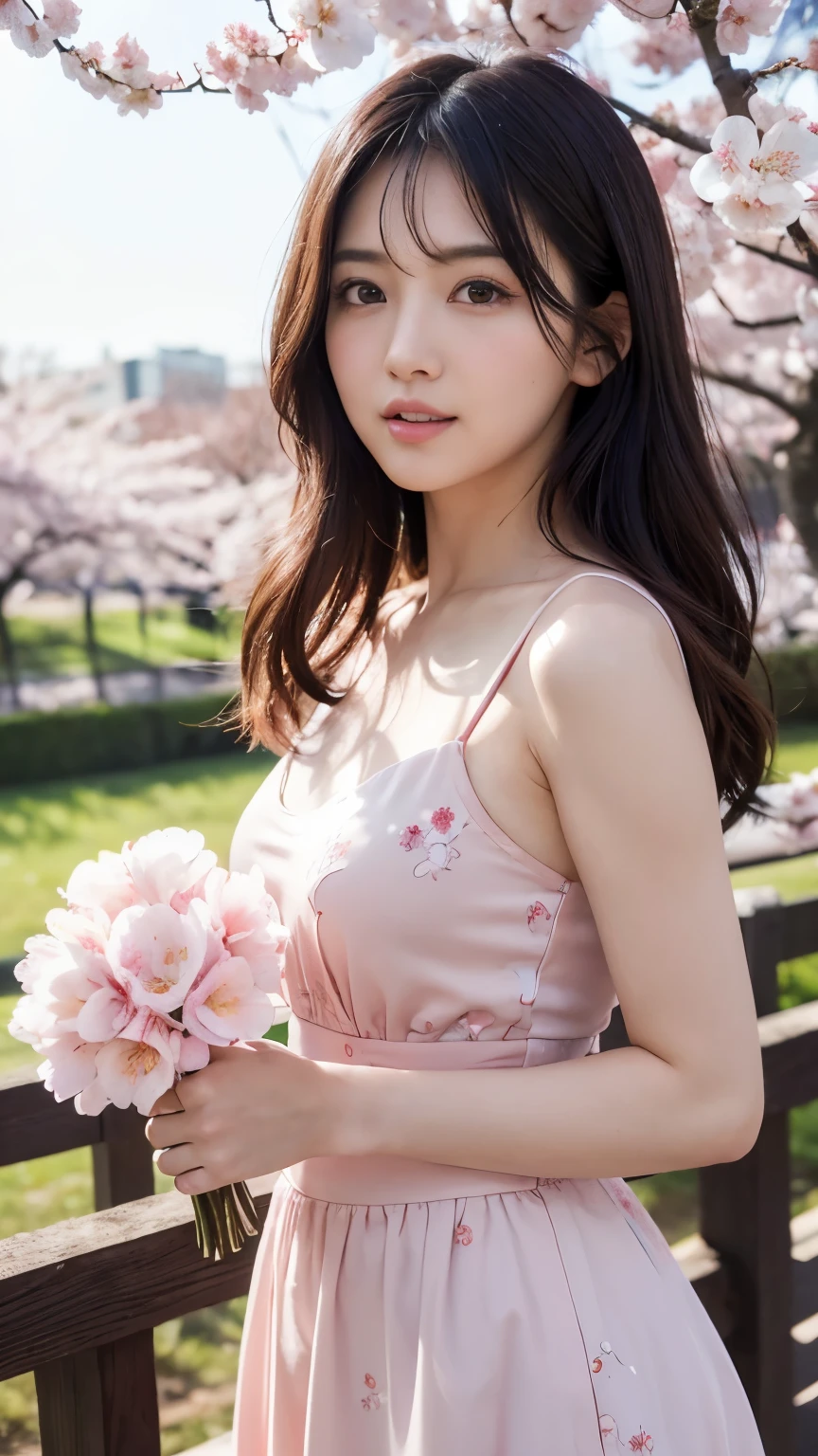 (A logo、​masterpiece、8K、masutepiece、Raw photo、Fantastic、Best Quality、Photorealistic and ighly detailed CG integrated 8k wallpaper、hightquality、ighly detailed、epic poem、Particle effect、Dynamic effects、depth of fields、Cinematic Light、Lens Flare、Ray tracing)、Fantasia、 (Beauty 1 person、doress、Dress、Cherry blossom pattern、A dark-haired、Beautiful face、Real Face、beautiful details eyes beautiful skin)、my hair dances in the wind、Hair flutters in the wind、Hair jumps、Pink cherry blossom tree、Petals flutter、Sakura blizzard、Superb view、morning glow、Sun in the background、the wind、