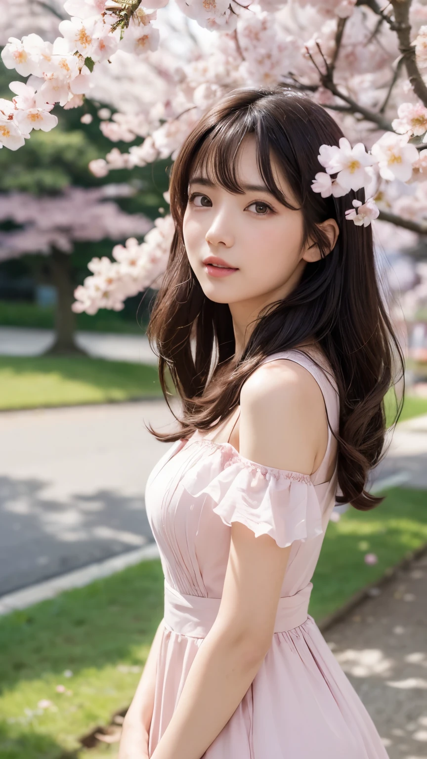 (A logo、masterpiece、8K、masutepiece、Raw photo、Fantastic、Best Quality、Photorealistic and ighly detailed CG integrated 8k wallpaper、hightquality、ighly detailed、epic poem、Particle effect、Dynamic effects、depth of fields、Cinematic Light、Lens Flare、Ray tracing)、Fantasia、 (Beauty 1 person、doress、Dress、Cherry blossom pattern、A dark-haired、Beautiful face、Real Face、beautiful details eyes beautiful skin)、my hair dances in the wind、Hair flutters in the wind、Hair jumps、Pink cherry blossom tree、Petals flutter、Sakura blizzard、Superb view、morning glow、Sun in the background、the wind、